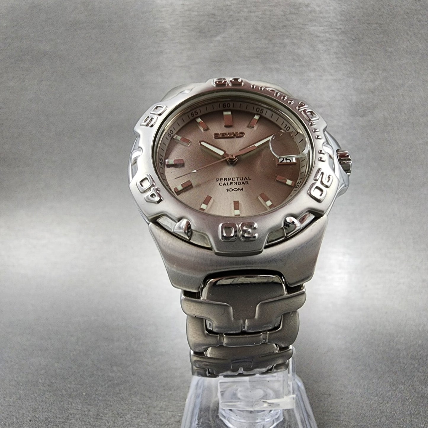 Seiko Perpetual Calendar Watch Men 39mm Silver Dial Steel Date Round New Battery