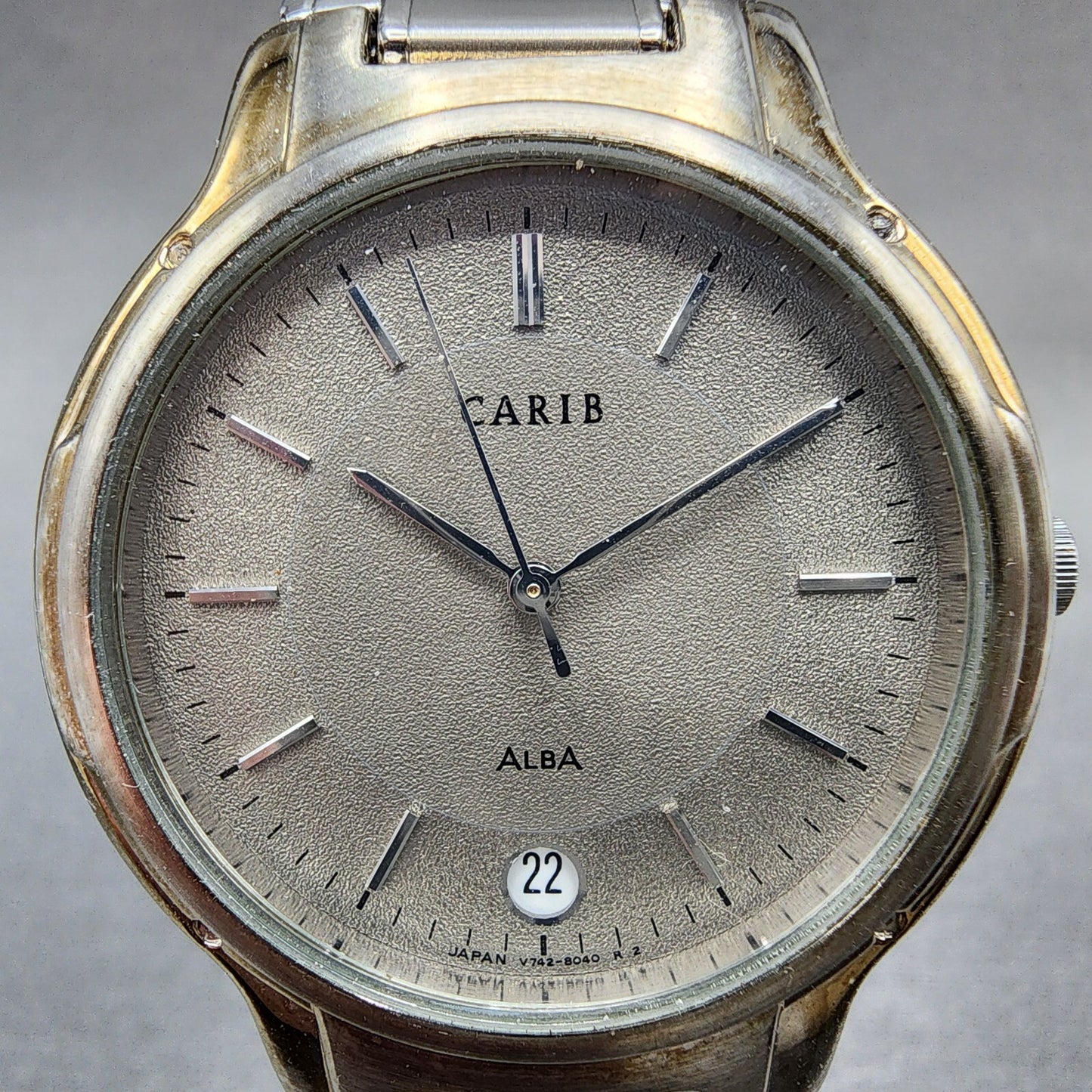 Seiko ALBA Carib Watch Men 35mm Gray Dial Silver Tone Round V742-8030 New Batt