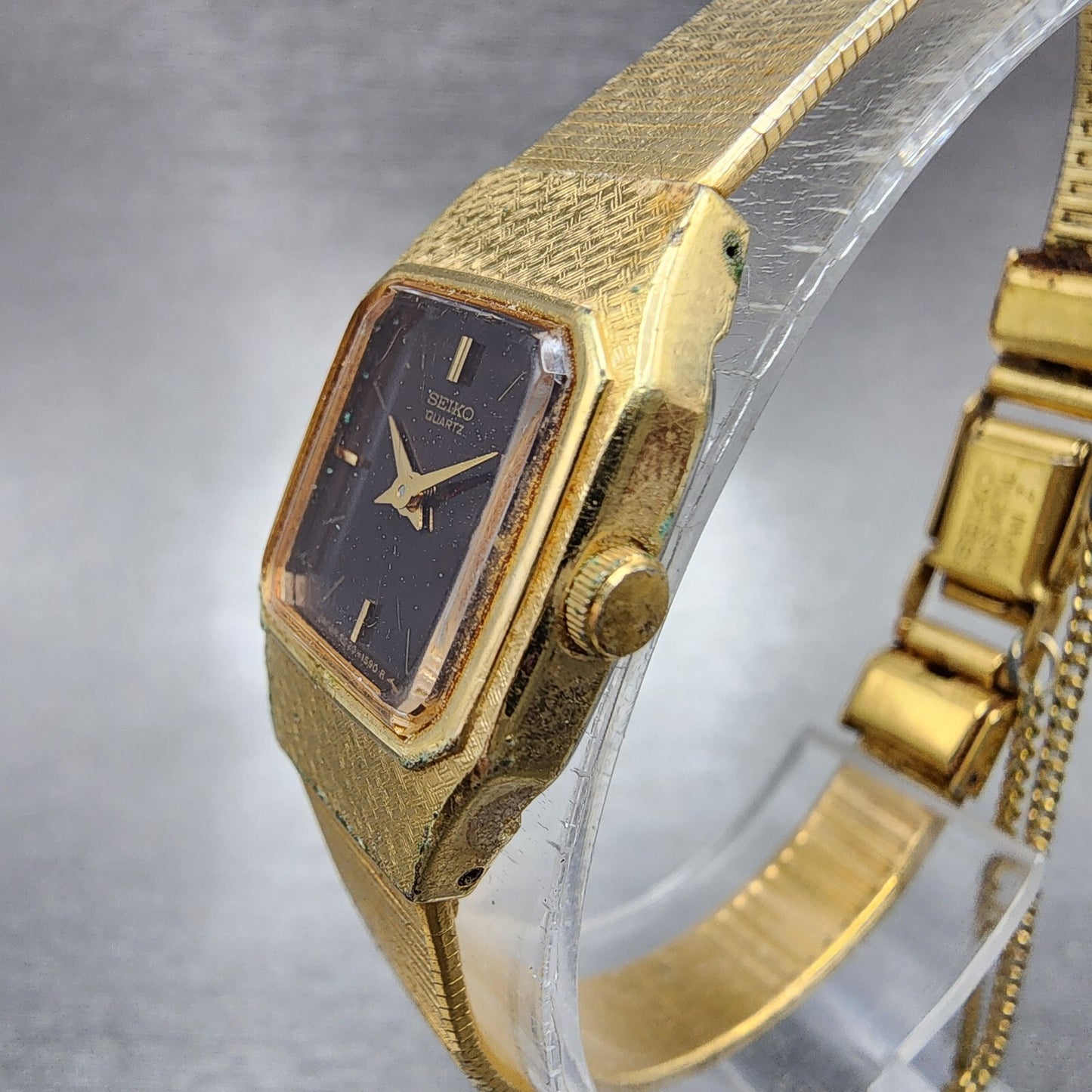 Seiko Watch Women 16mm Brown Dial Gold Tone Rectangle 2C20-5789 New Battery VTG