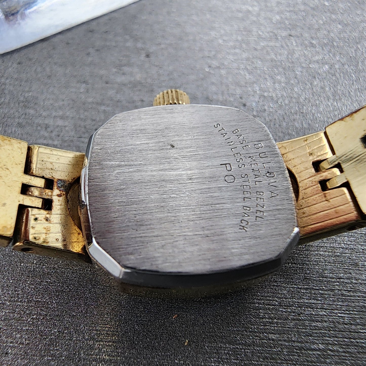 VTG Bulova Watch Women 16mm Black Dial Gold Tone Rectangle 6971 New Battery