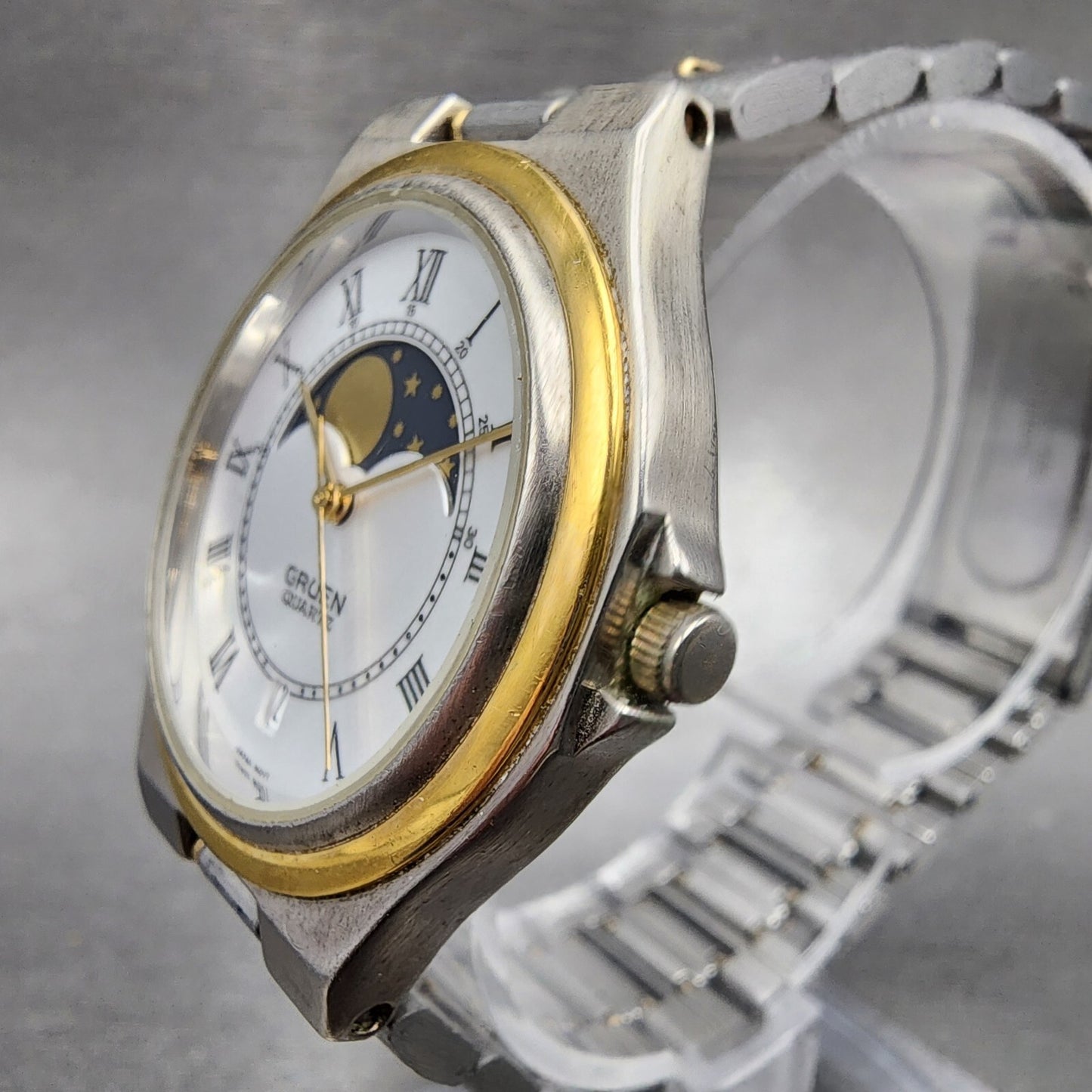 Gruen Moonphase Watch Men 34mm White Dial Two Tone Date Round New Battery