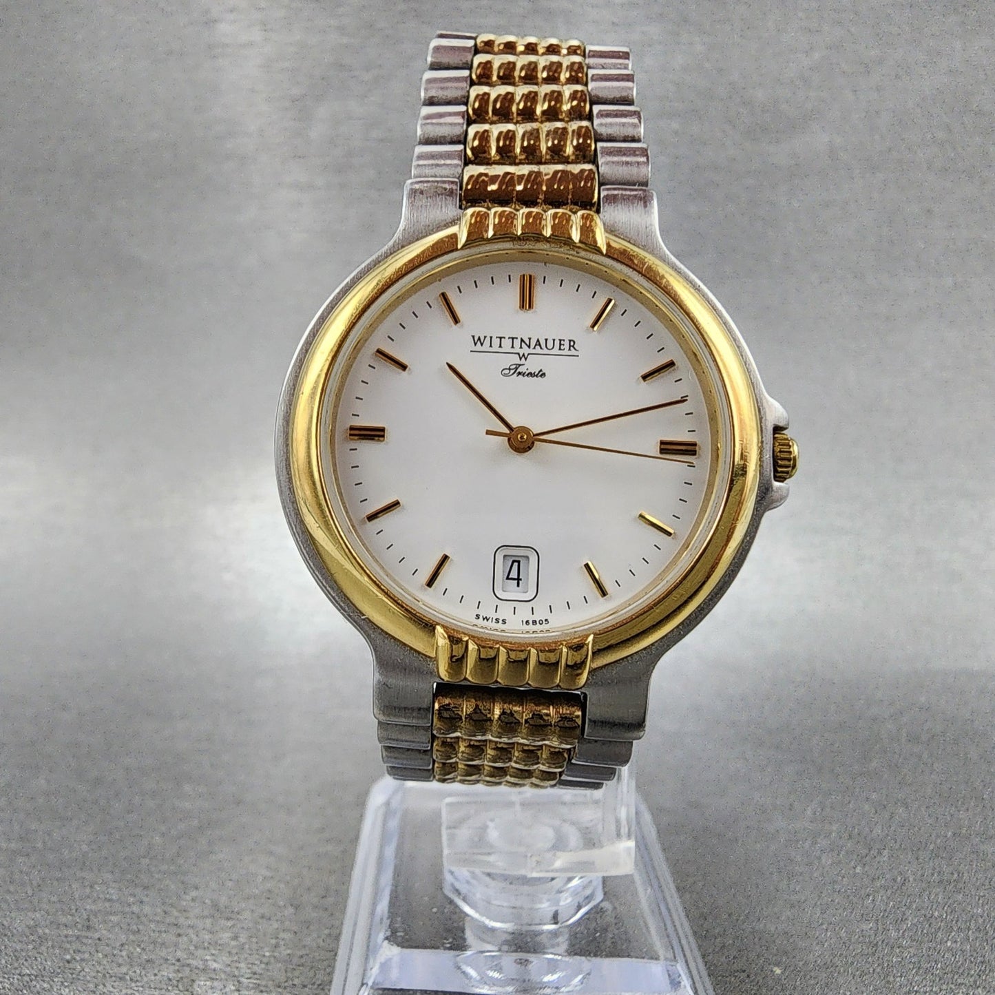 Wittnauer Trieste Watch Men 34m White Dial Two Tone Date Round New Battery