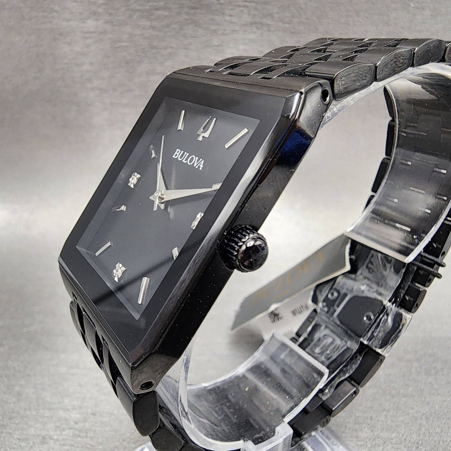 Bulova Quadra Watch Men 31mm Black Dial Black Tone Octagon 98D164 Bracelet