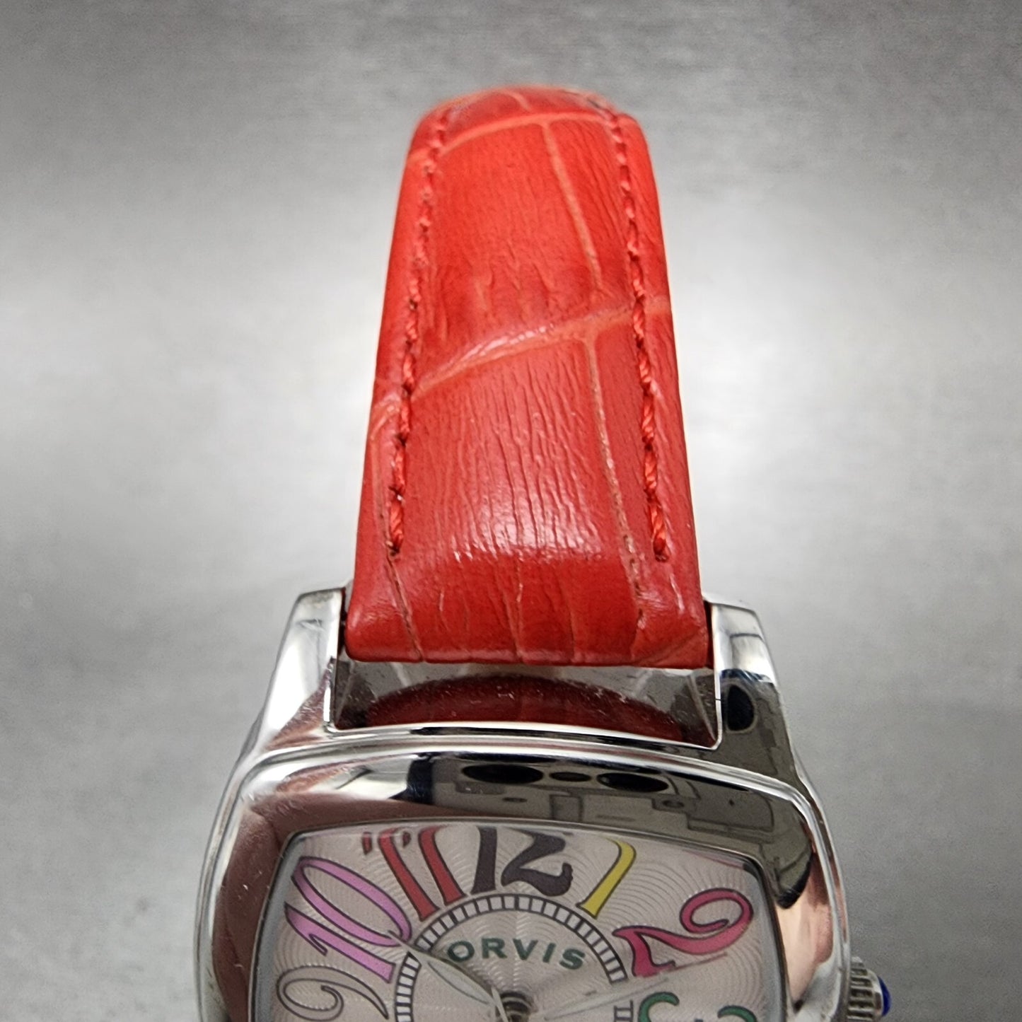 Orvis Watch Women 30mm Silver Dial Silver Tone Rectangle Red Band New Battery