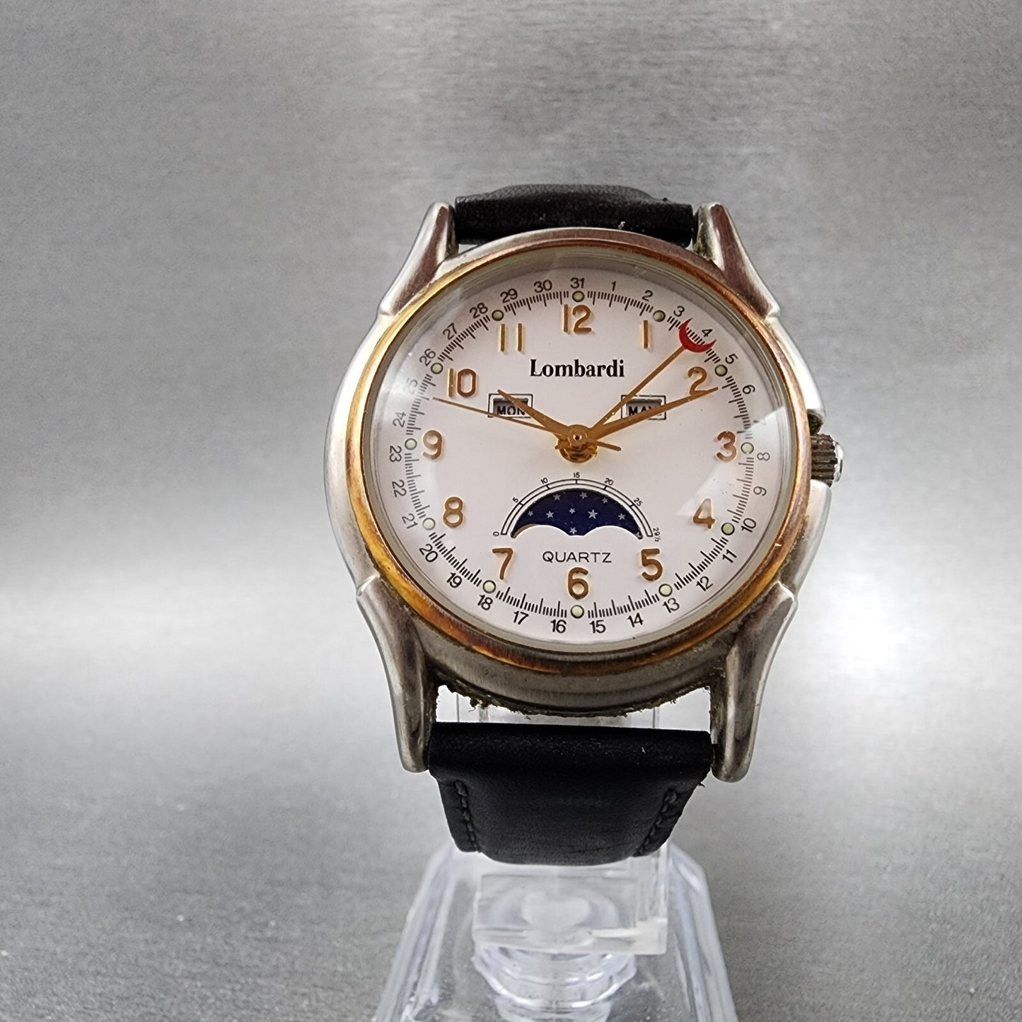 Lombardi Triple Calendar Moonphase Watch Men 35mm White Dial Two Tone New Batt