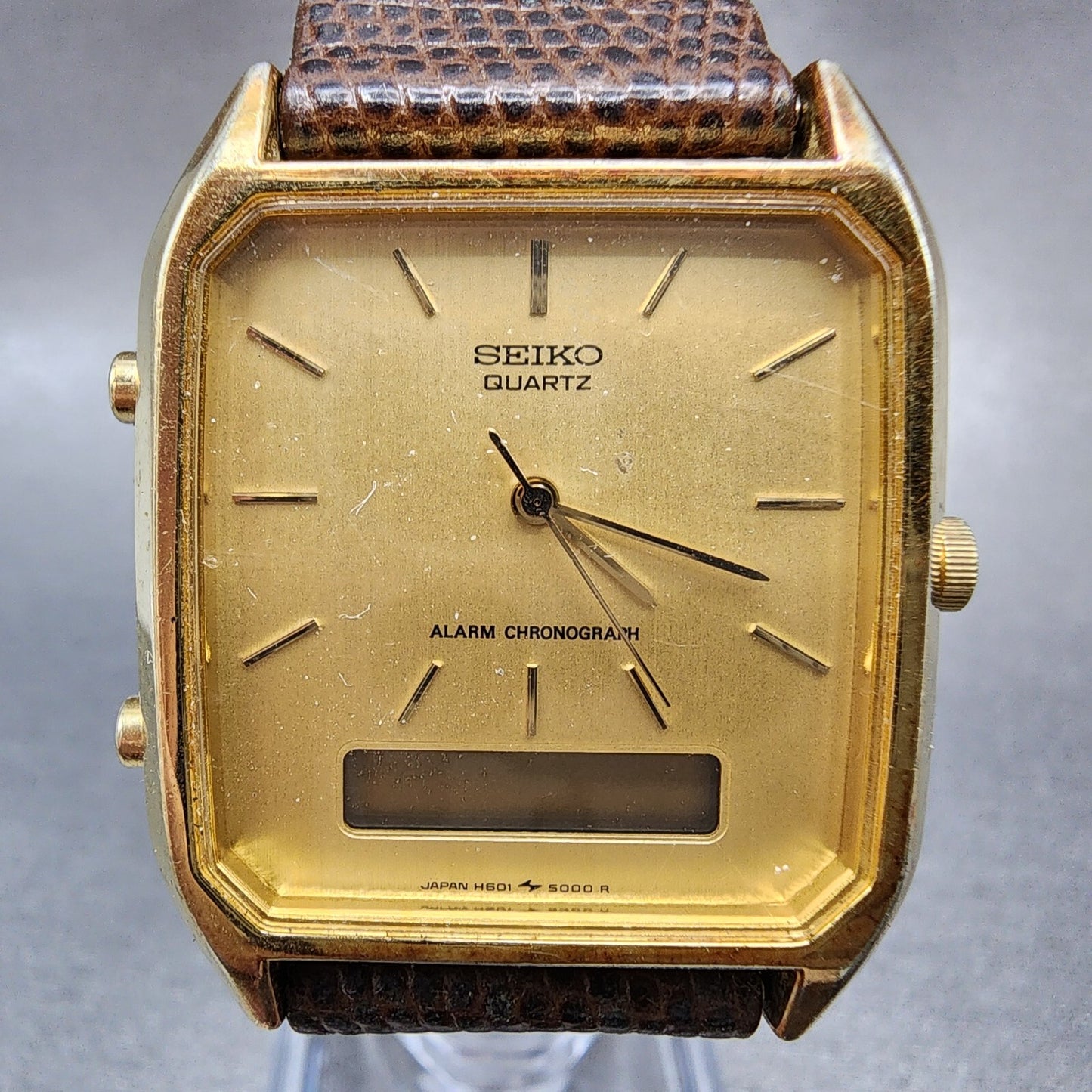 Seiko Analog Digital Watch Men 29mm Gold Dial Gold Tone Rectangle H601-5009 PART