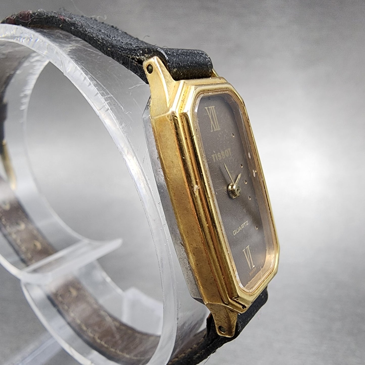 Tissot Tank Watch Women 14mm Brown Dial Gold Tone Octagon New Battery