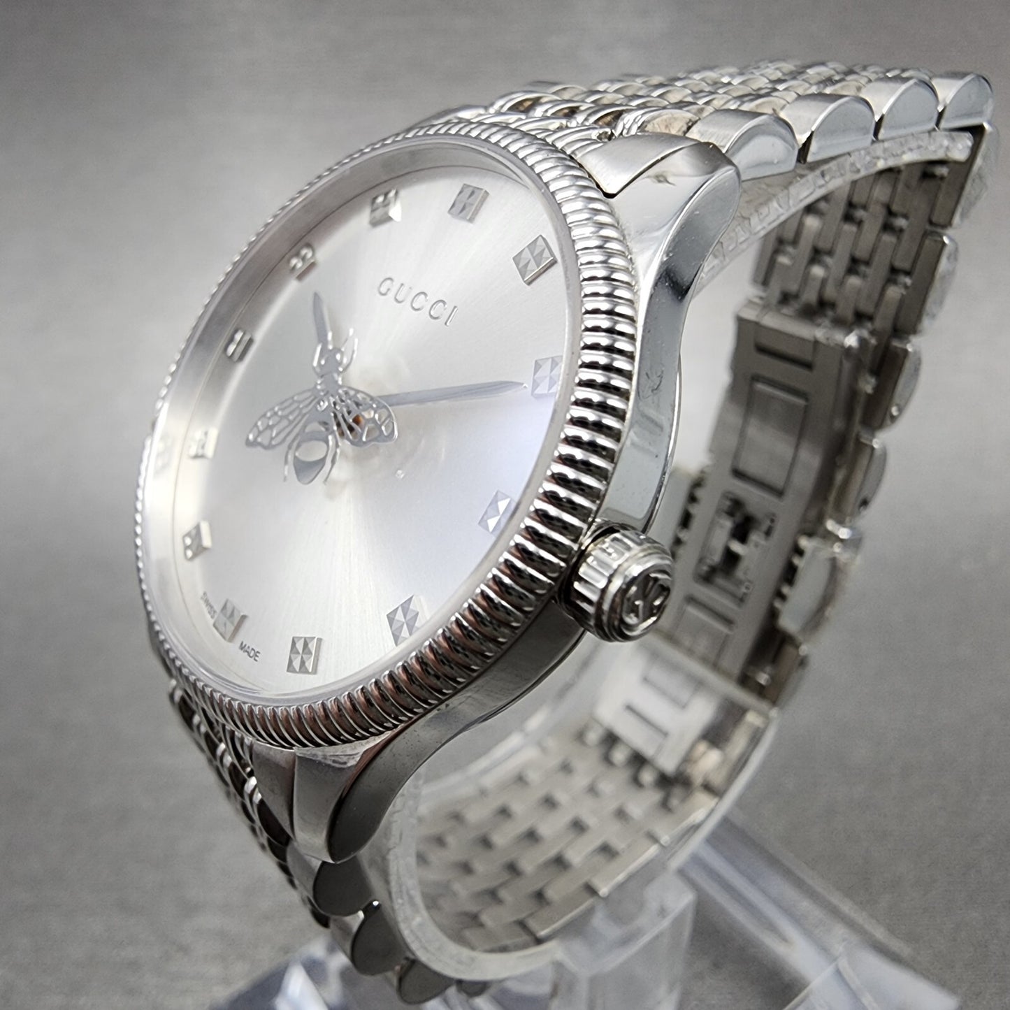 Gucci G-Timeless Watch Women 29mm Silver Dial Steel Round Bracelet YA1265019