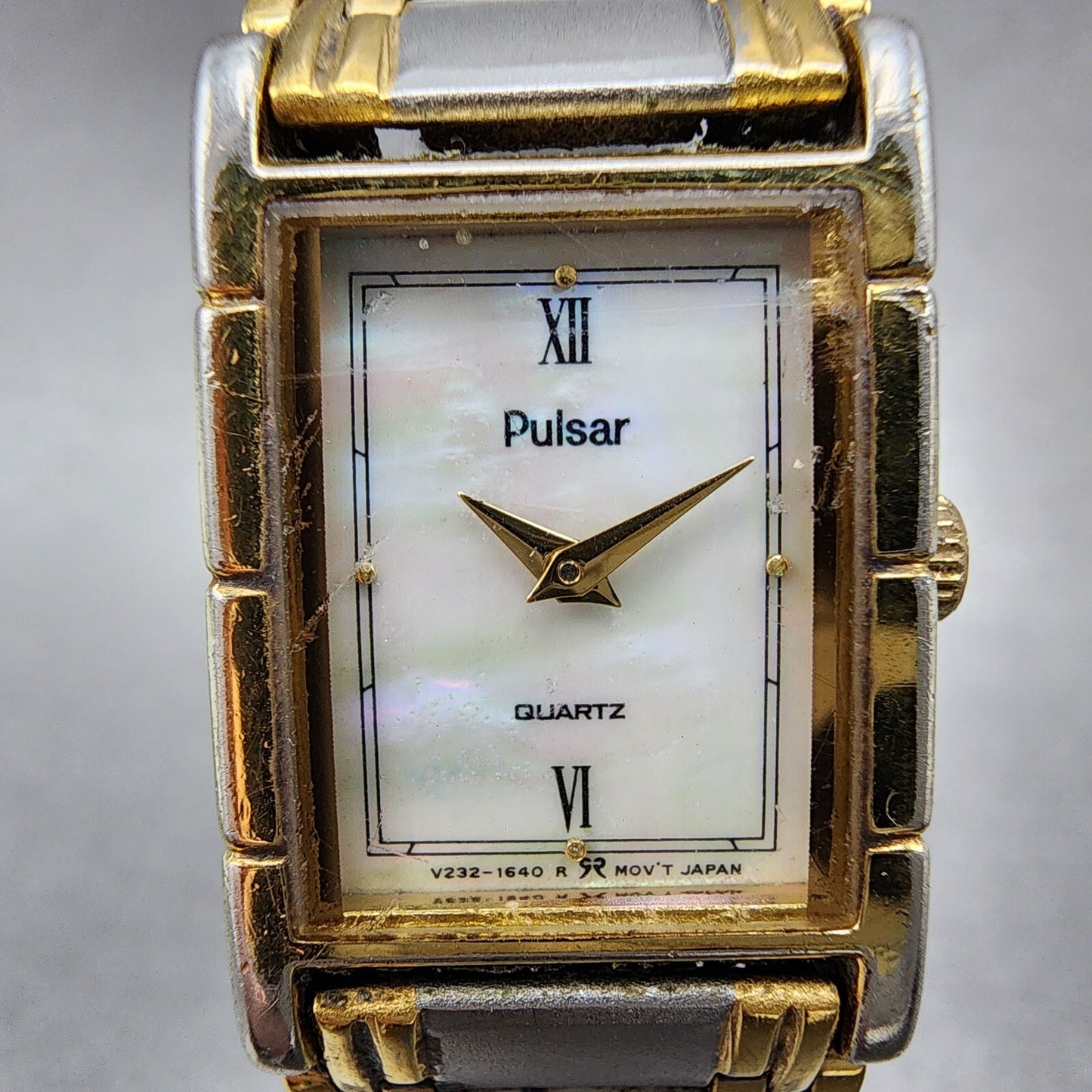 Pulsar Tank Watch Women 17mm MOP Dial Two Tone Rectangle V232-6050 New Battery