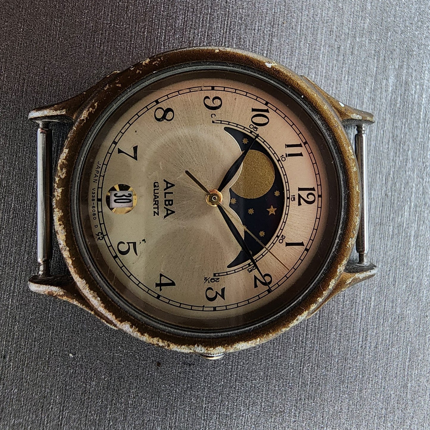 Seiko ALBA Moonphase Watch Men 31mm Champange Dial Bronze Tone Round New Battery