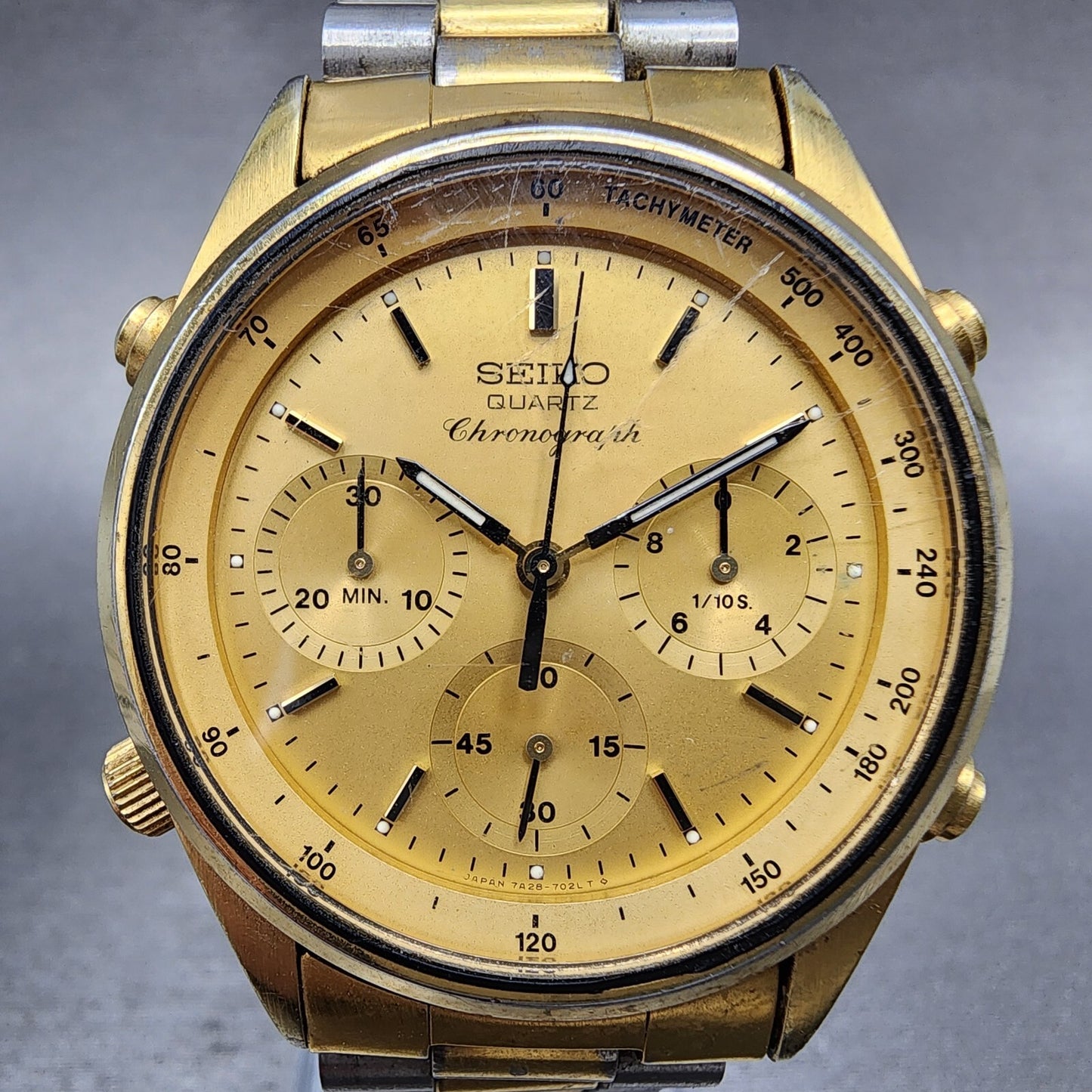 Seiko Chronograph Watch Men 37mm Gold Dial Two Tone 7A28-7020 Round New Battery