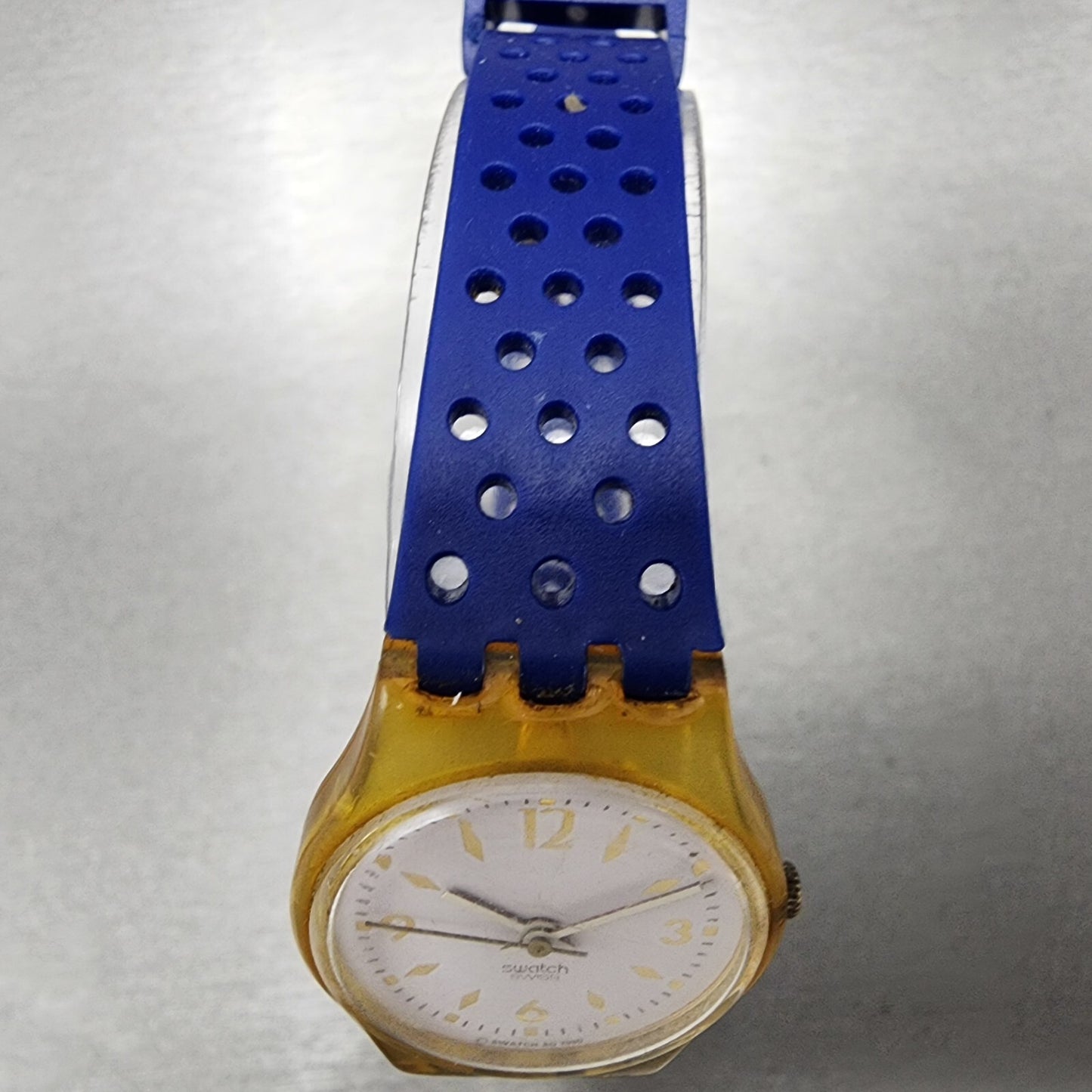 Swatch Gold Bride Watch Women 25mm White Dial Clear Case Round LK123 New Battery