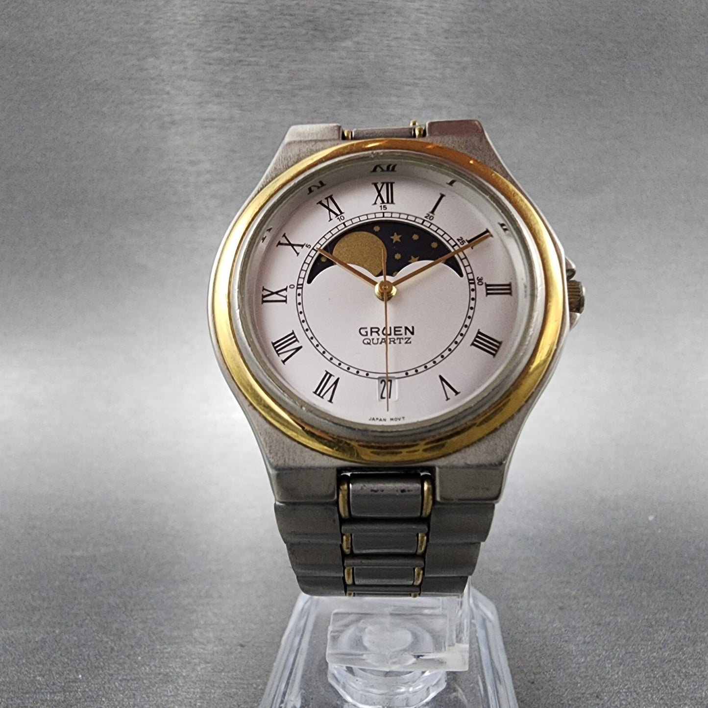 Gruen Moonphase Watch Men 34mm White Dial Two Tone Date Round New Battery