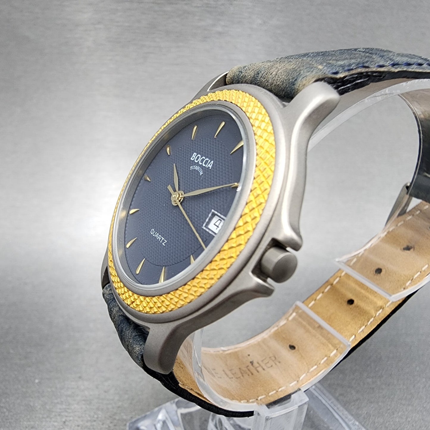 Boccia Titanium Watch Men 36mm Blue Dial Two Tone Leather Band Round New Battery