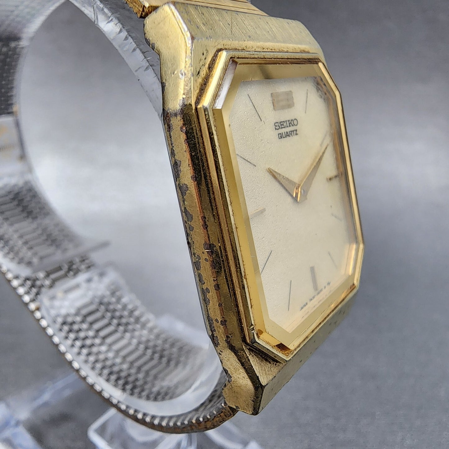 Seiko Tank Watch Men 26mm White Dial Gold Tone Rectangle 7430-5409 New Battery