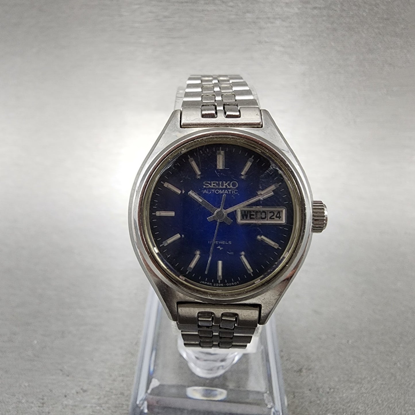 Seiko Automatic Watch Women 25mm Blue Dial Silver Tone Daydate 2206-0510 Runs