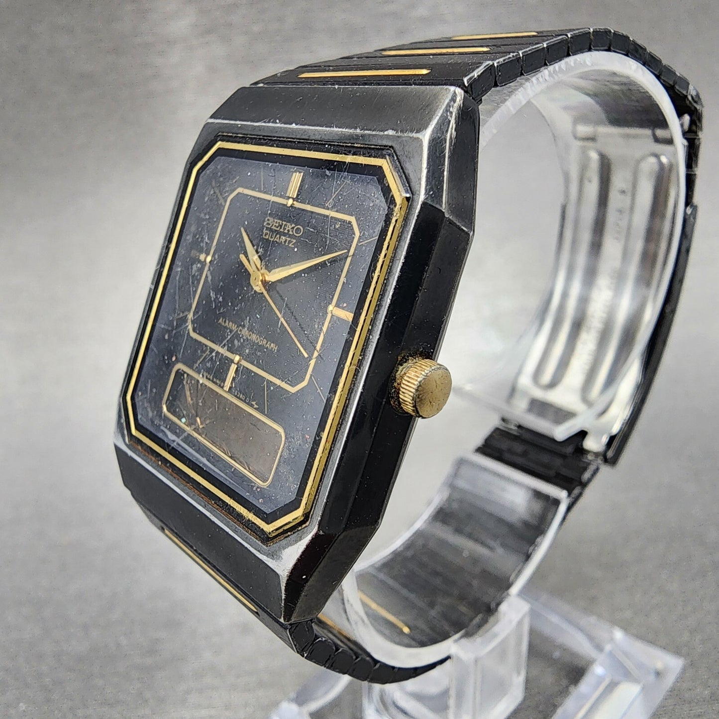 Seiko Watch Men Black Gold Tone Analog Digital Alarm Chrono 28mm H449-5310 PARTS