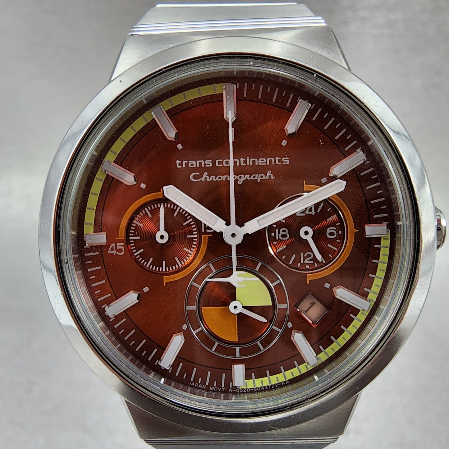 Trans Continents Chronograph Watch Men 38mm Orange Dial Silver Tone Date New Bat