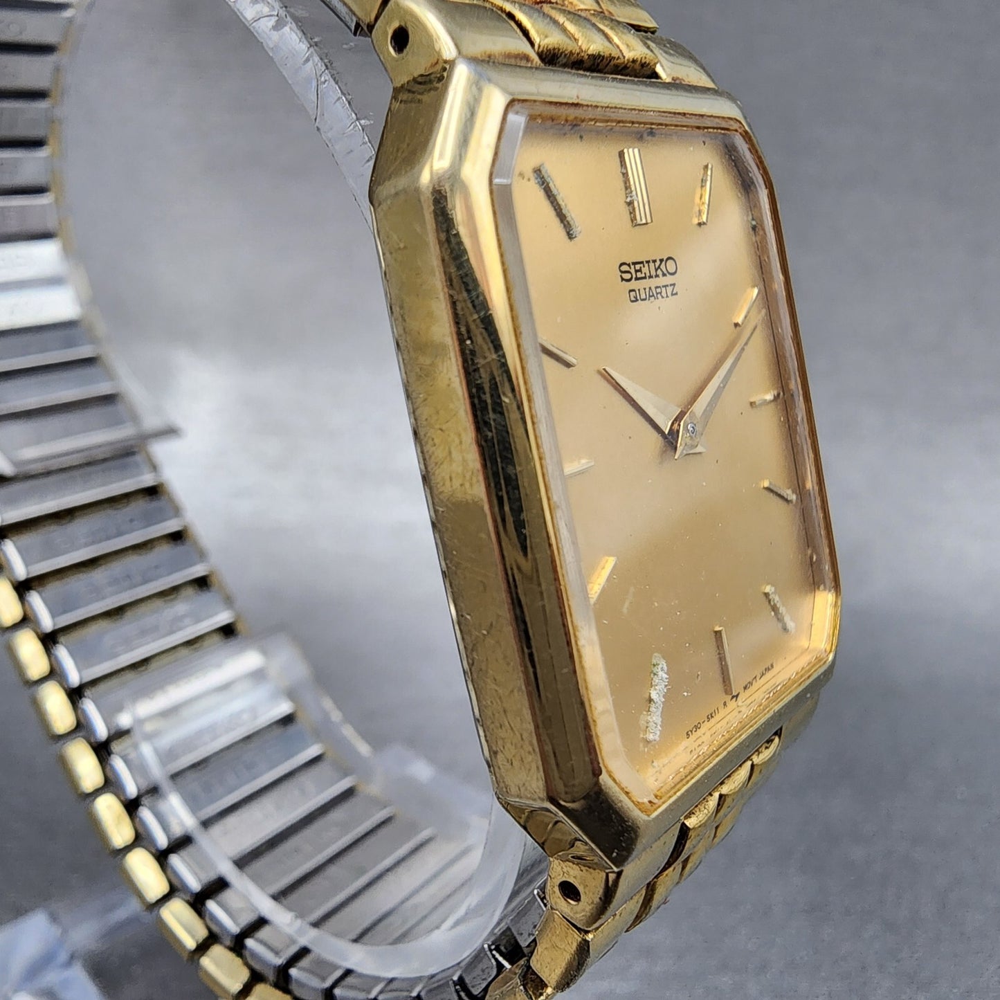 Seiko Tank Watch Men 26mm Gold Dial Gold Tone Octagon 5Y30-5K09 New Battery