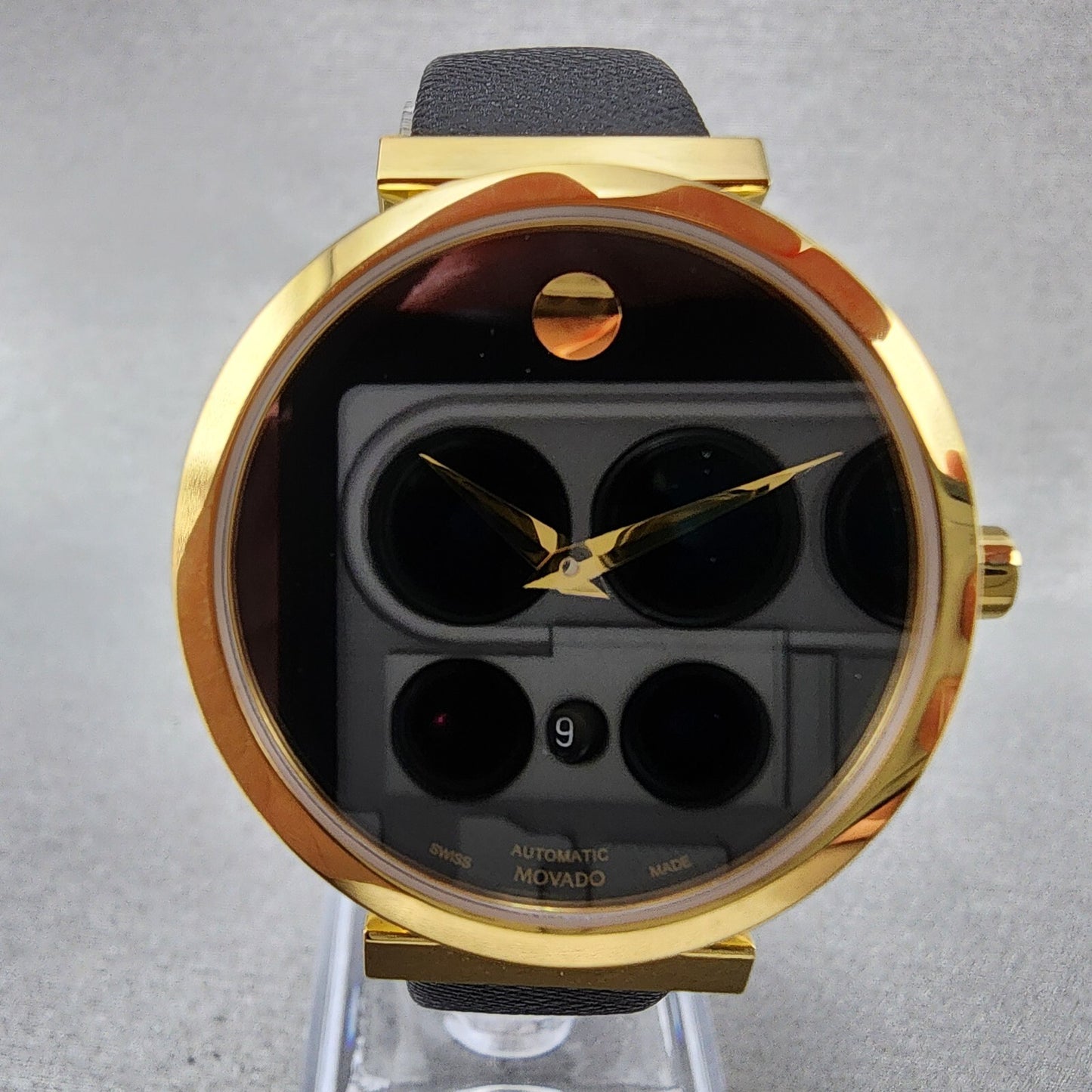 Movado Museum Classic Automatic Watch Women 32mm Black Dial Gold Date Leather