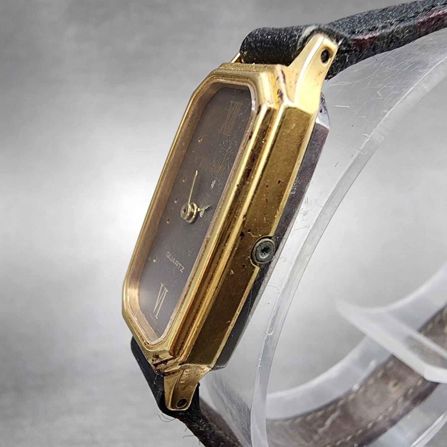 Tissot Tank Watch Women 14mm Brown Dial Gold Tone Octagon New Battery