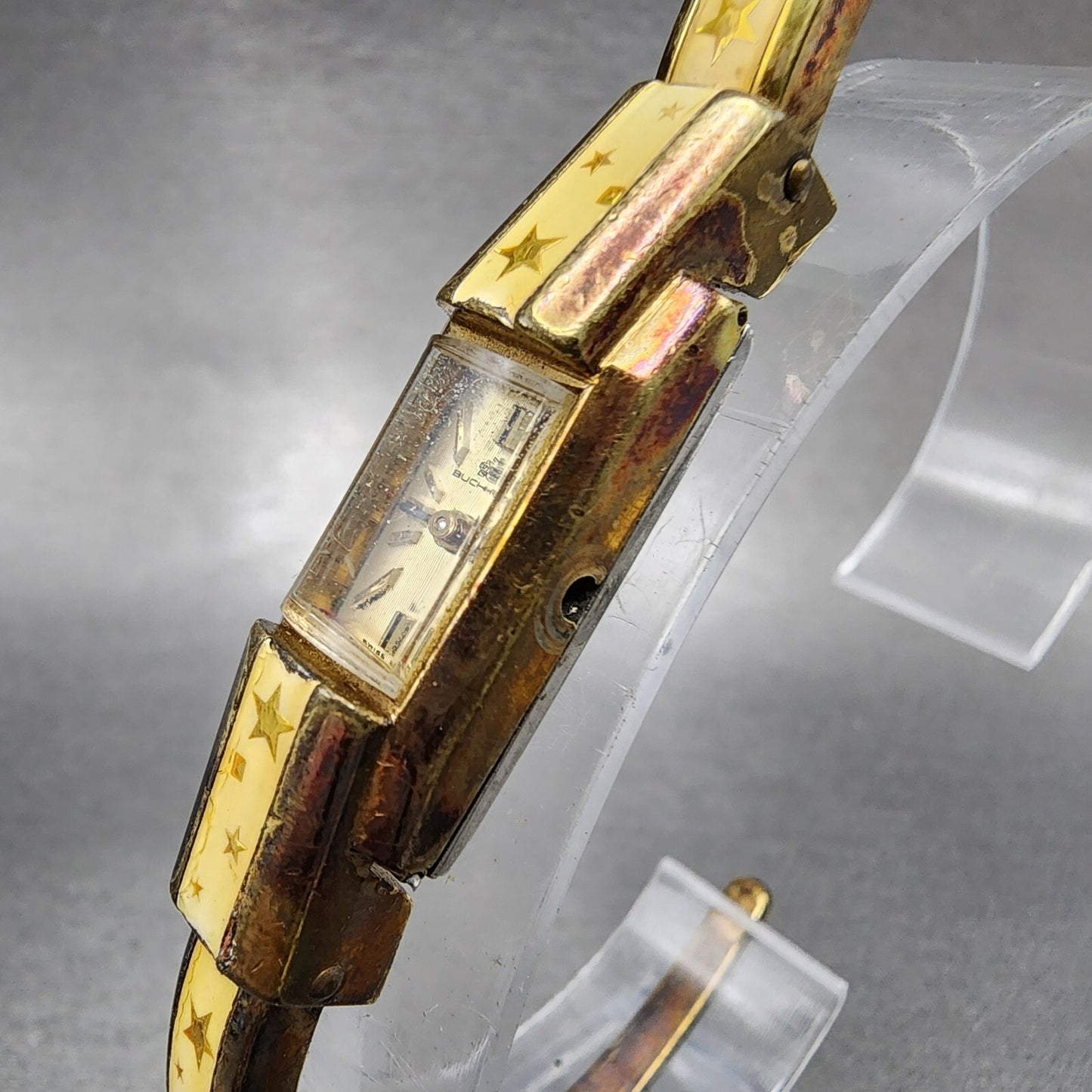 Bucherer Watch Women 11mm Champange Dial Gold Tone Rectangle Star Enamel PARTS