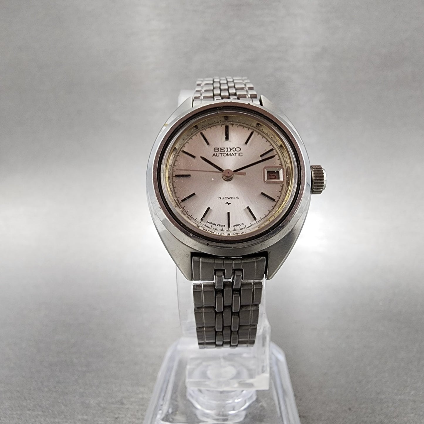 Seiko Automatic Watch Women 25mm Silver Dial Silver Tone Date 2205-0420 Runs