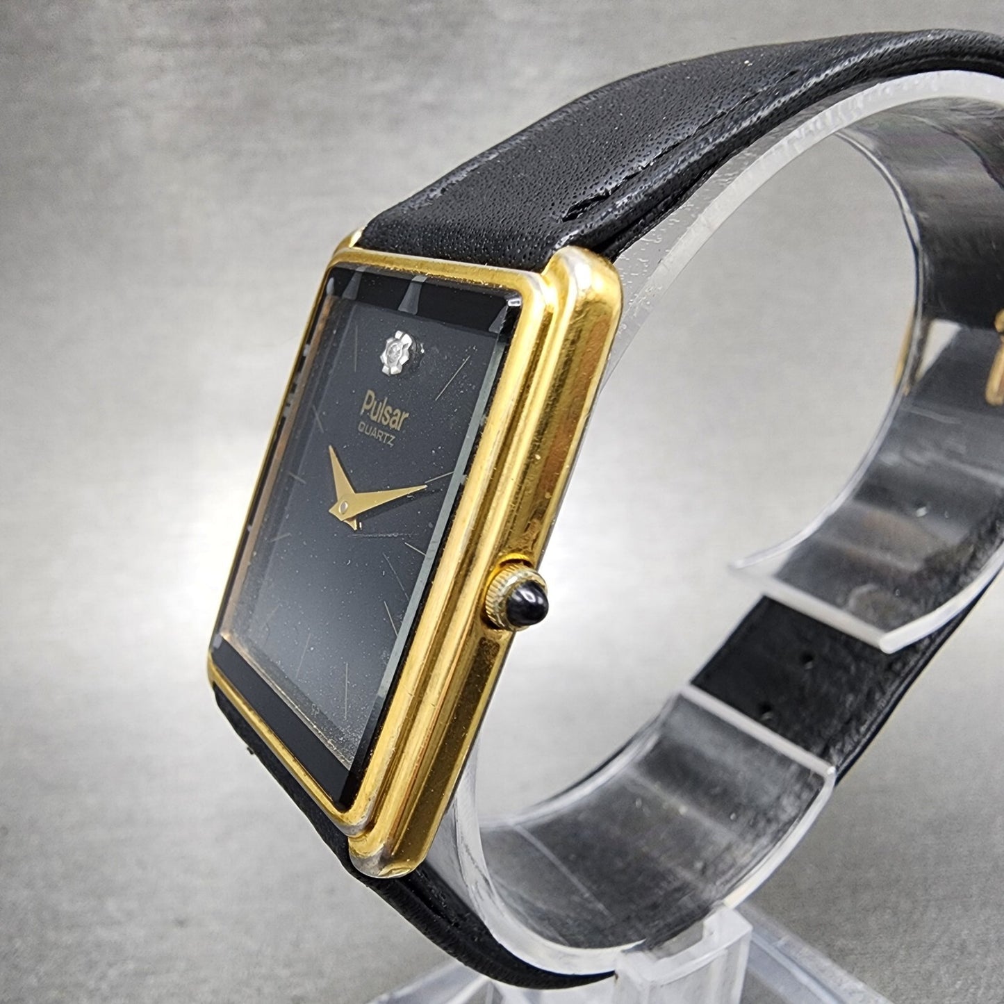 Pulsar Tank Watch Men 24mm Black Dial Gold Tone Rectangle V320-5059 New Batt