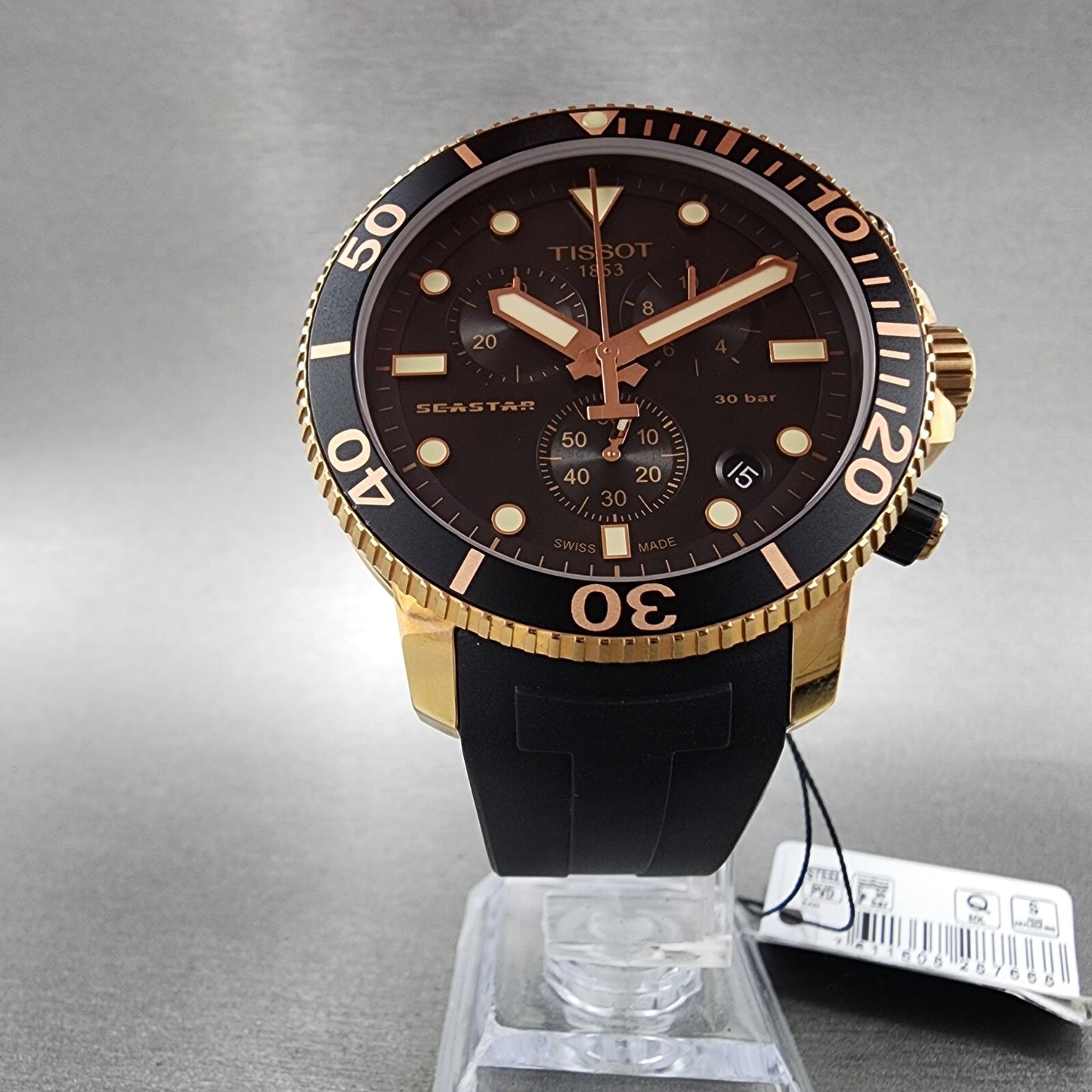 Tissot Seastar Chronograph Watch Men 45mm Black Dial Rose Gold Tone Date Works