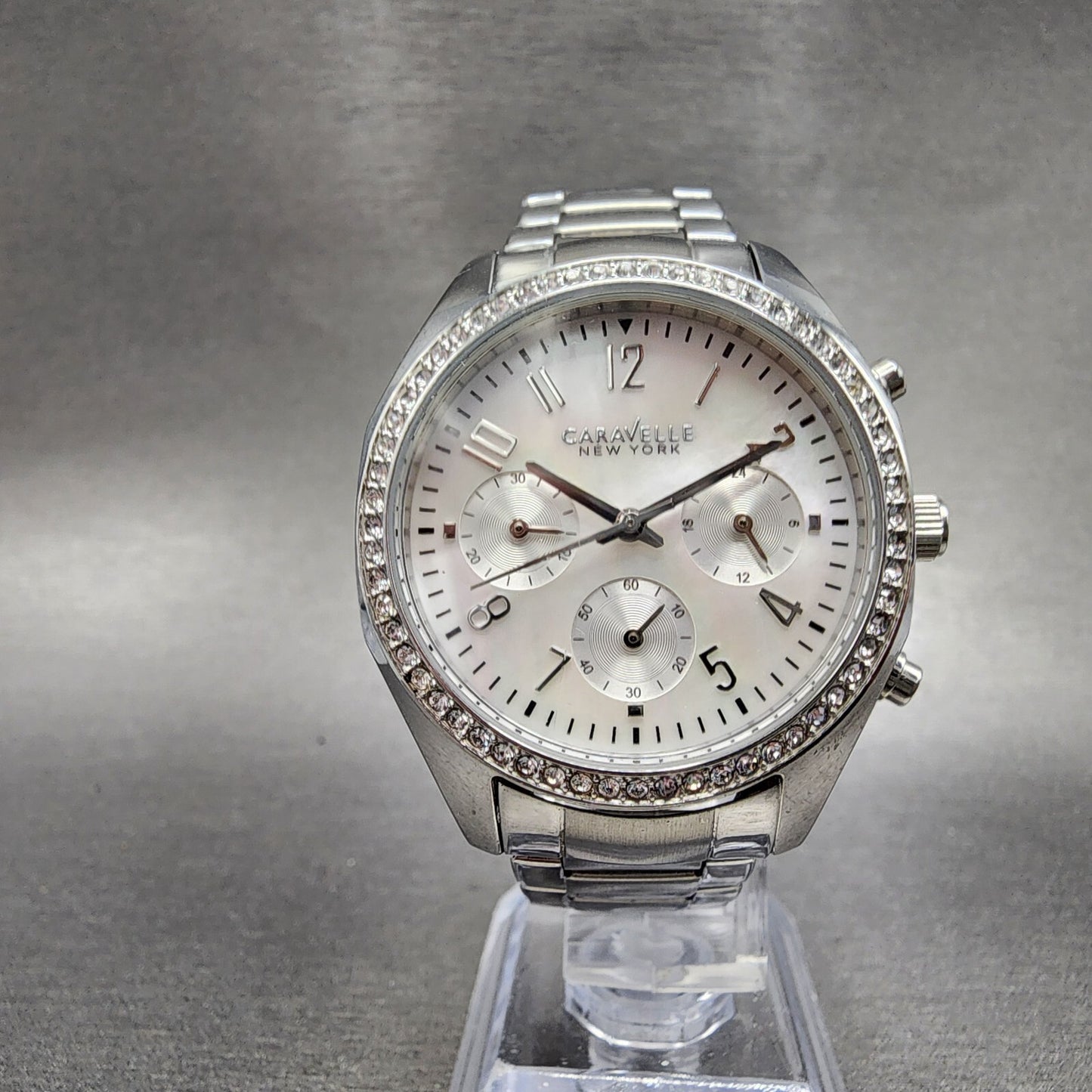 Bulova Caravelle Chronograph Watch Women 37mm MOP Dial Steel Round New Battery
