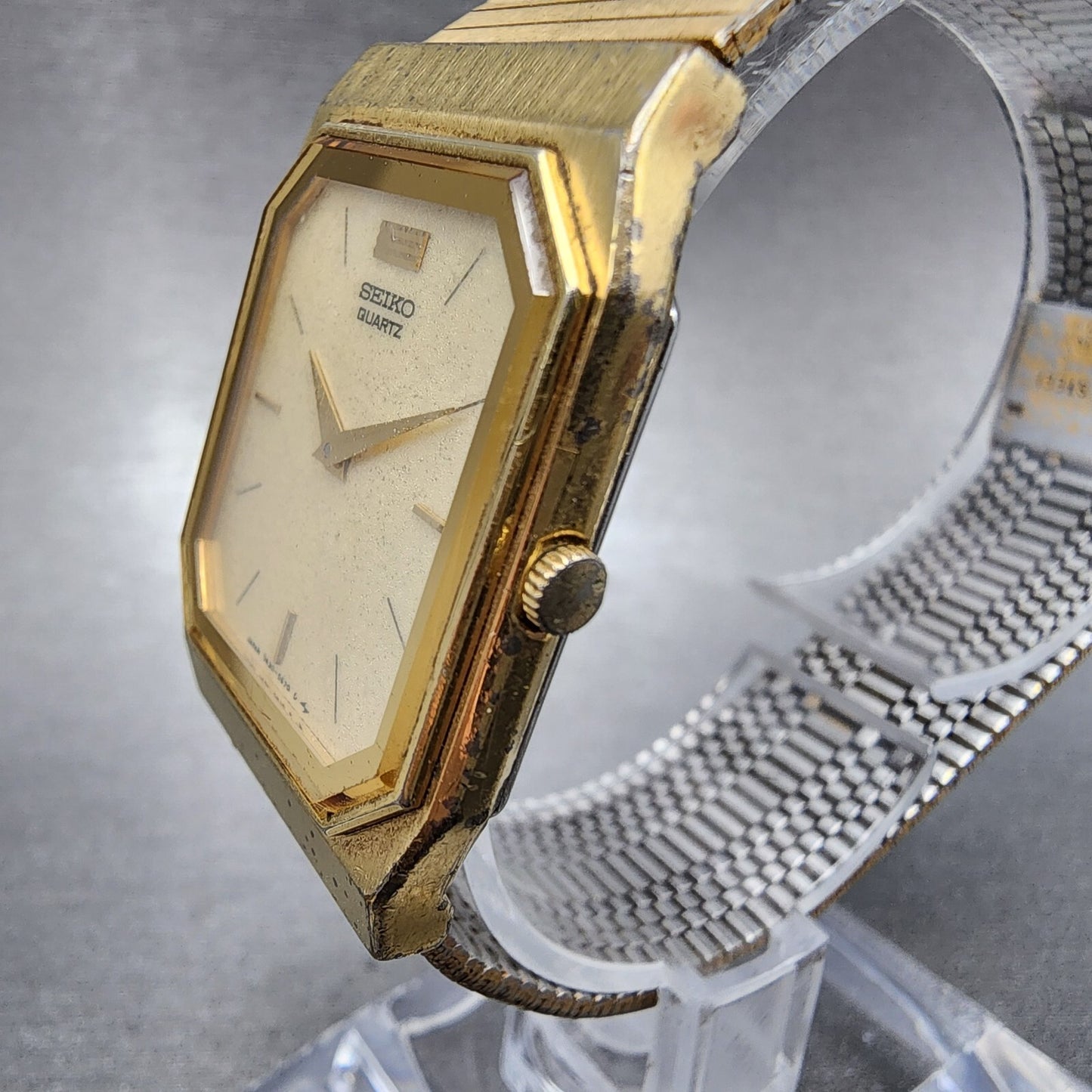 Seiko Tank Watch Men 26mm White Dial Gold Tone Rectangle 7430-5409 New Battery