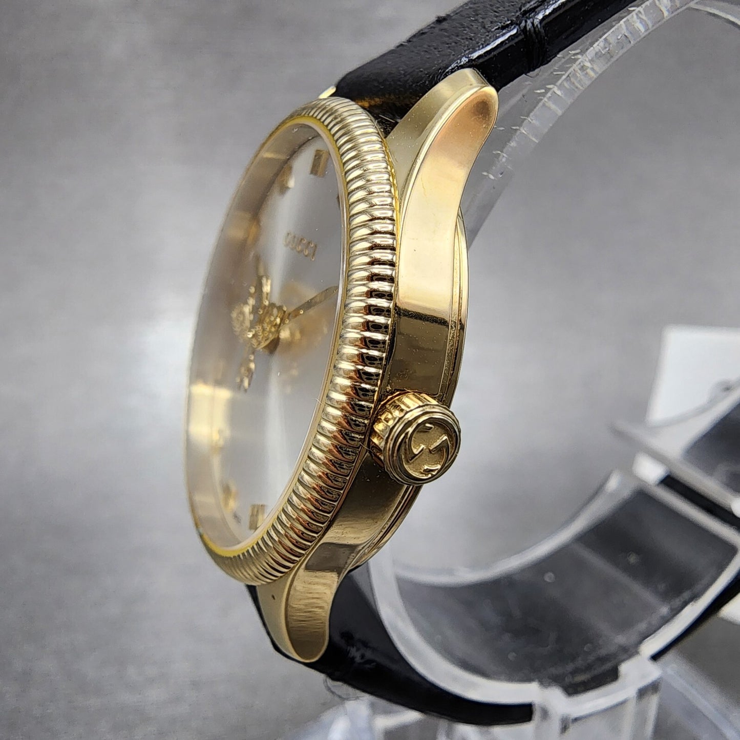 Gucci G-Timeless Watch Women 29mm Silver Dial Gold Tone Round Leather YA1265023