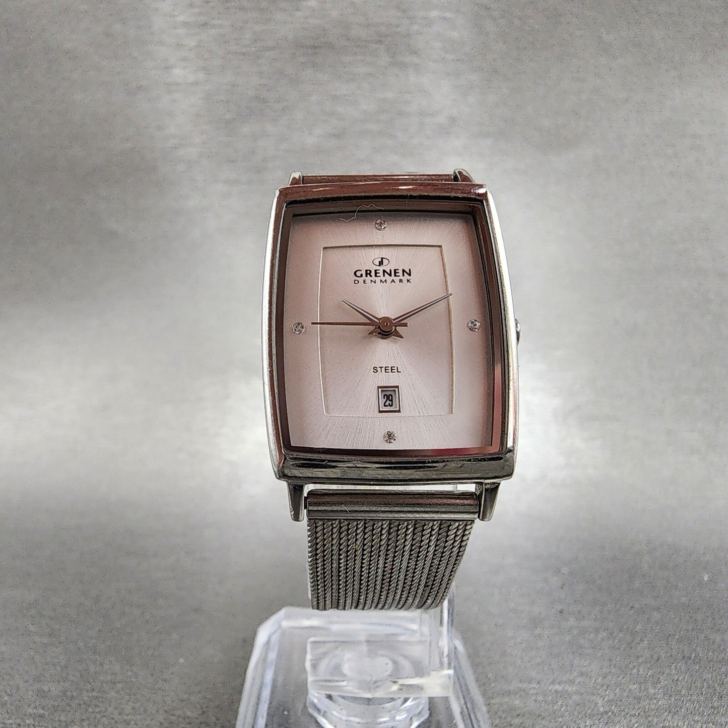 Skagen Grenen Tank Watch Women 23mm Silver Dial Steel Date Rectangle New Battery