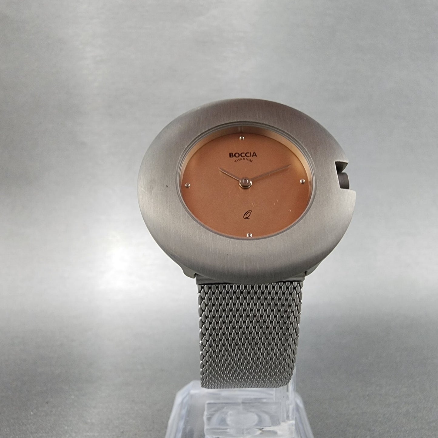 Boccia Titanium Watch Women 34mm Pink Dial Gray Case Round Mesh Band New Battery