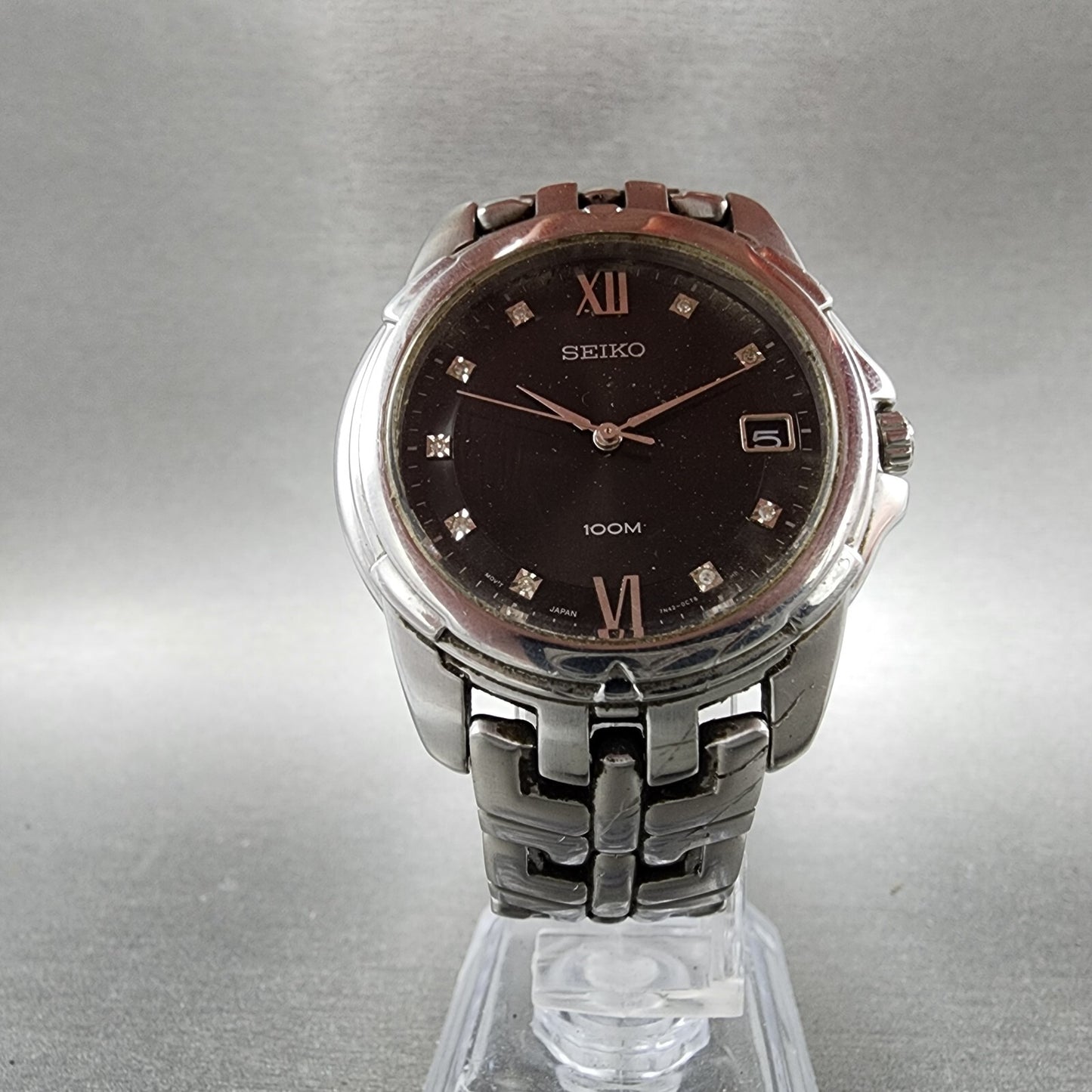 Seiko Watch Men 36mm Black Dial Silver Tone Date Round 7n42-0am0 New Battery