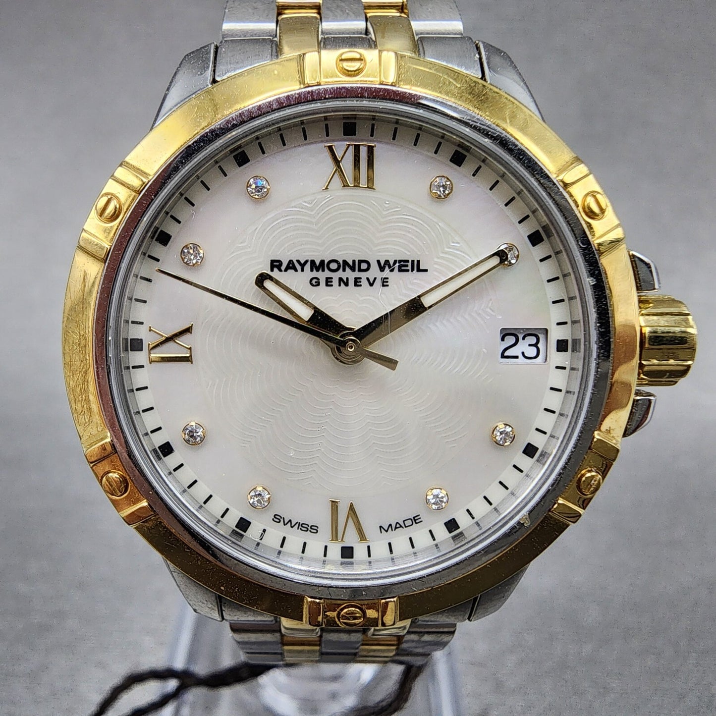 Raymond Weil 5960 Watch Women 30mm MOP Dial Two Tone Date Diamond Marker New Bat