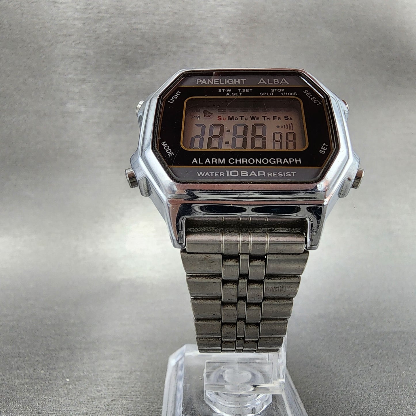 Seiko ALBA Digital Watch Men 36mm Silver Dial Alarm Chrono Y735-4A00 New Battery