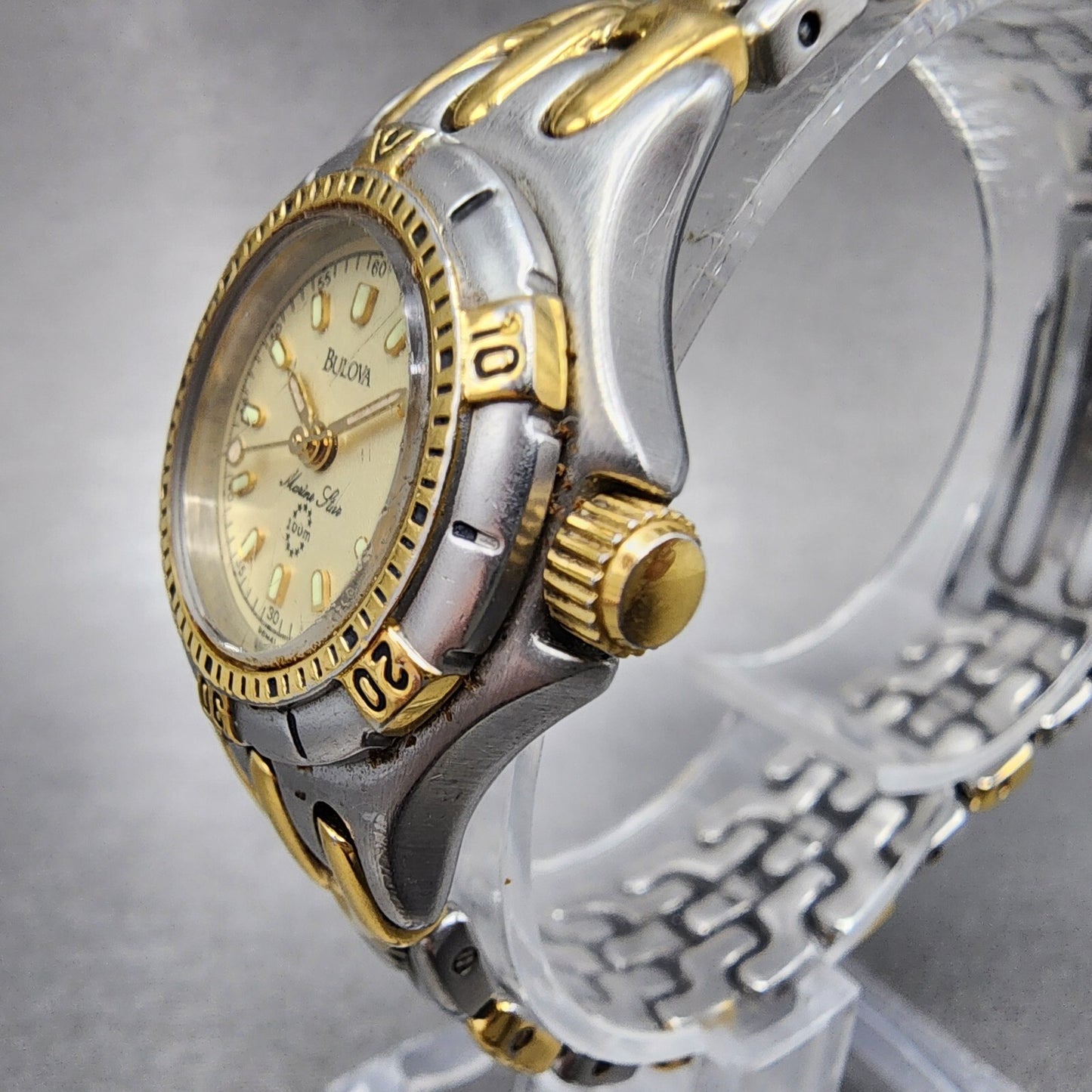 Bulova Marine Star Dive Watch Men 25mm Cream Dial Two Tone Date Round New batt