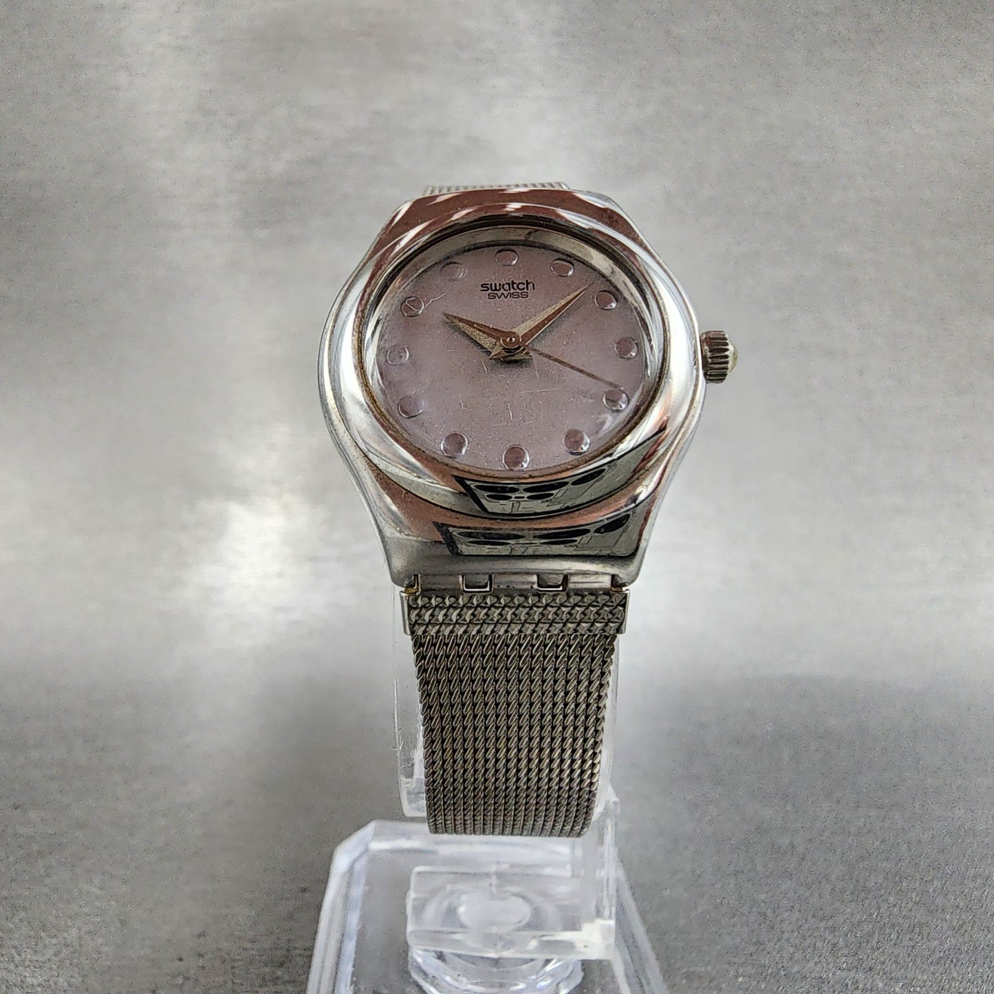 Swatch Irony Libertine Watch Women 24mm Silver Dial Steel Mesh Band New Battery