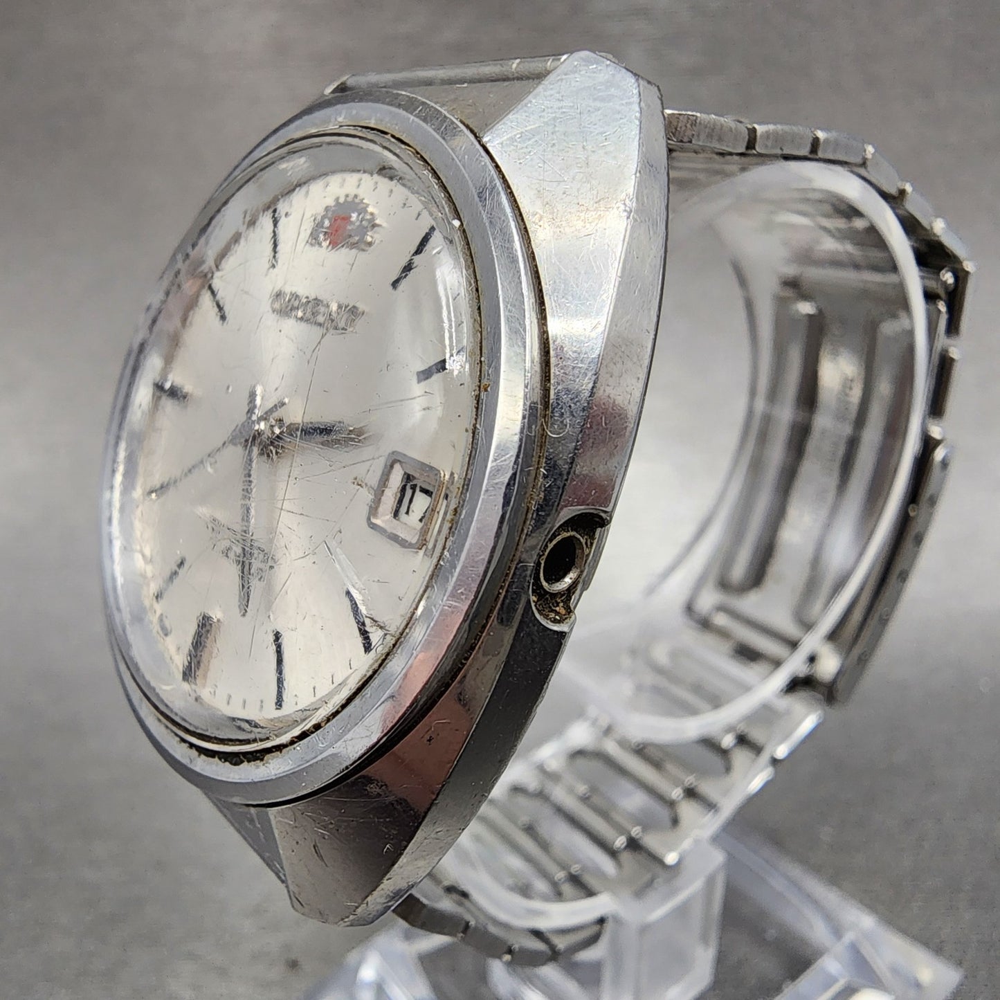 Orient Automatic Watch Men 37mm White Dial SIlver Tone Date NO CROWN Runs VTG