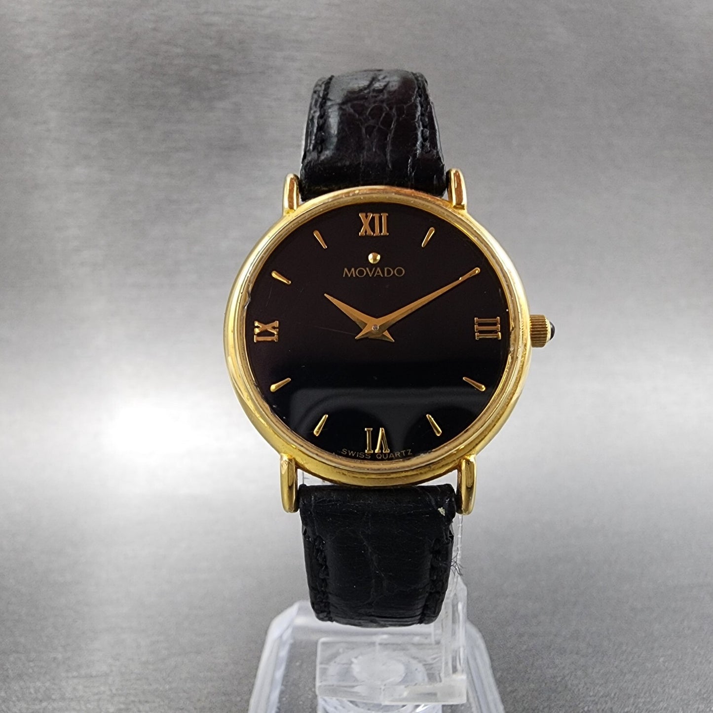 Movado Watch Women 28mm Black Dial Gold Tone Round 87.66.835 New Battery VTG
