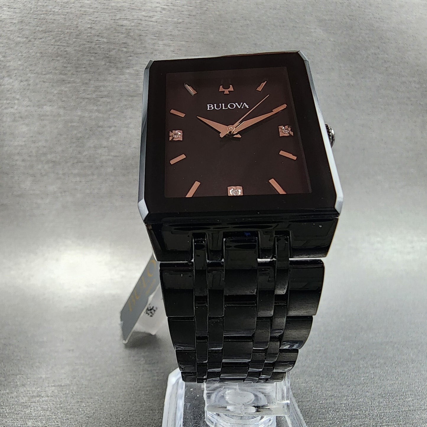 Bulova Quadra Watch Men 31mm Black Dial Black Tone Octagon 98D164 Bracelet