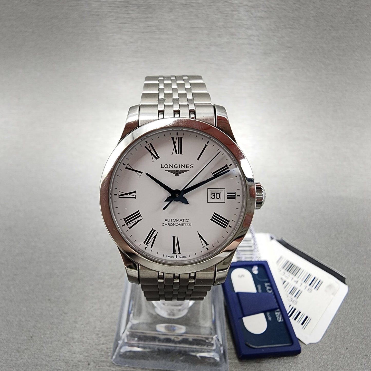 Longines Record Automatic Watch Women 30mm White Dial Steel Date Chronometer
