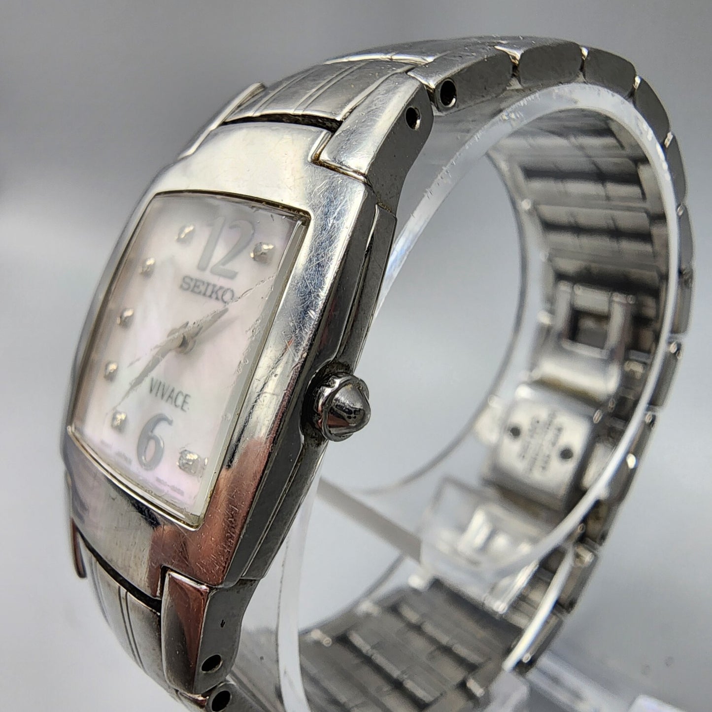 Seiko Vivace Watch Women Silver Tone MOP Dial Diamond Markers 22mm Square NewBat