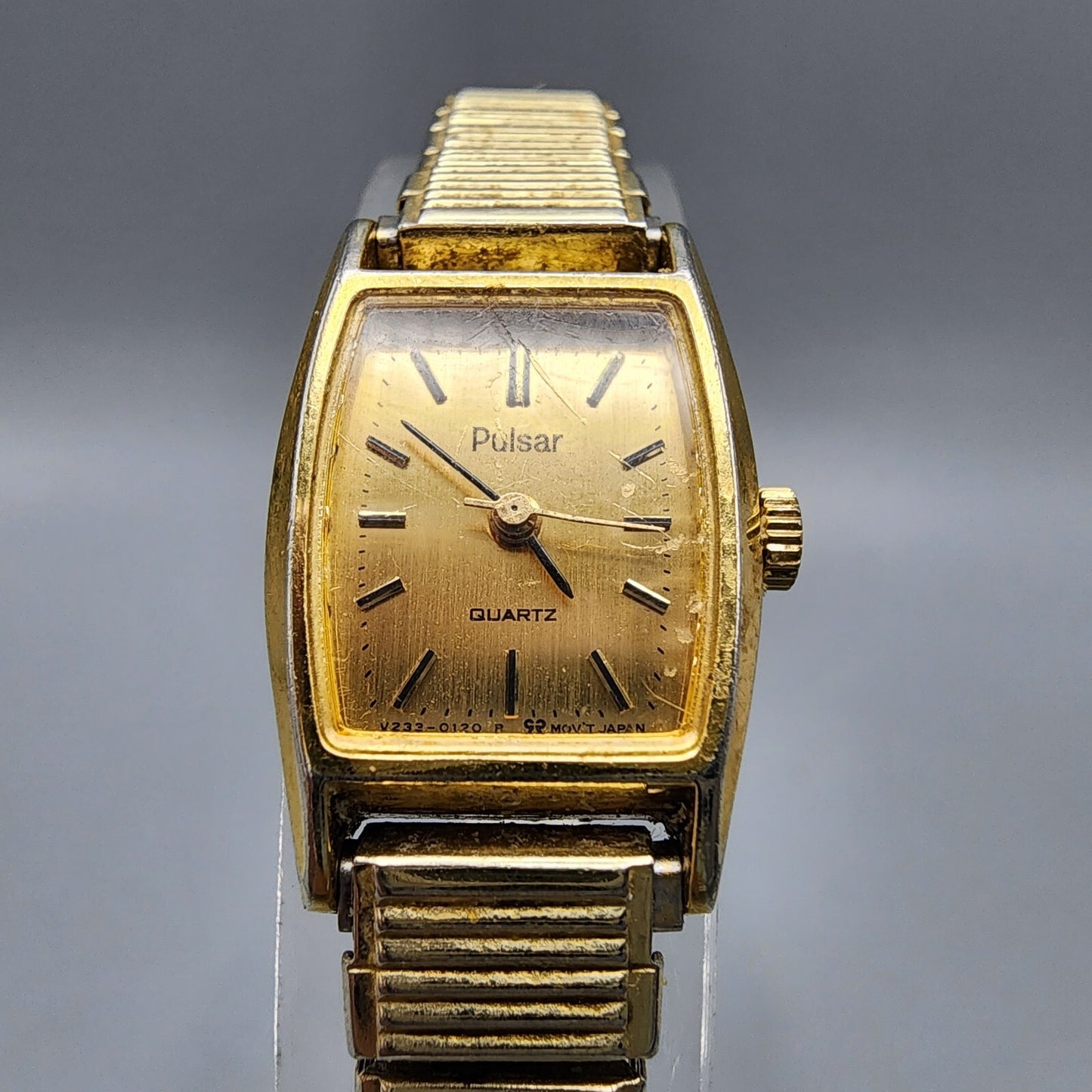 VTG Pulsar Watch Women Gold Tone Rectangle 16mm V233-5100 Stretch Band New Batt