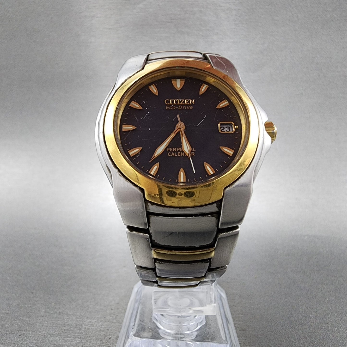 Citizen Eco-Drive Perpetual Calendar Watch Men 37mm Blue Dial Two Tone Date Runs