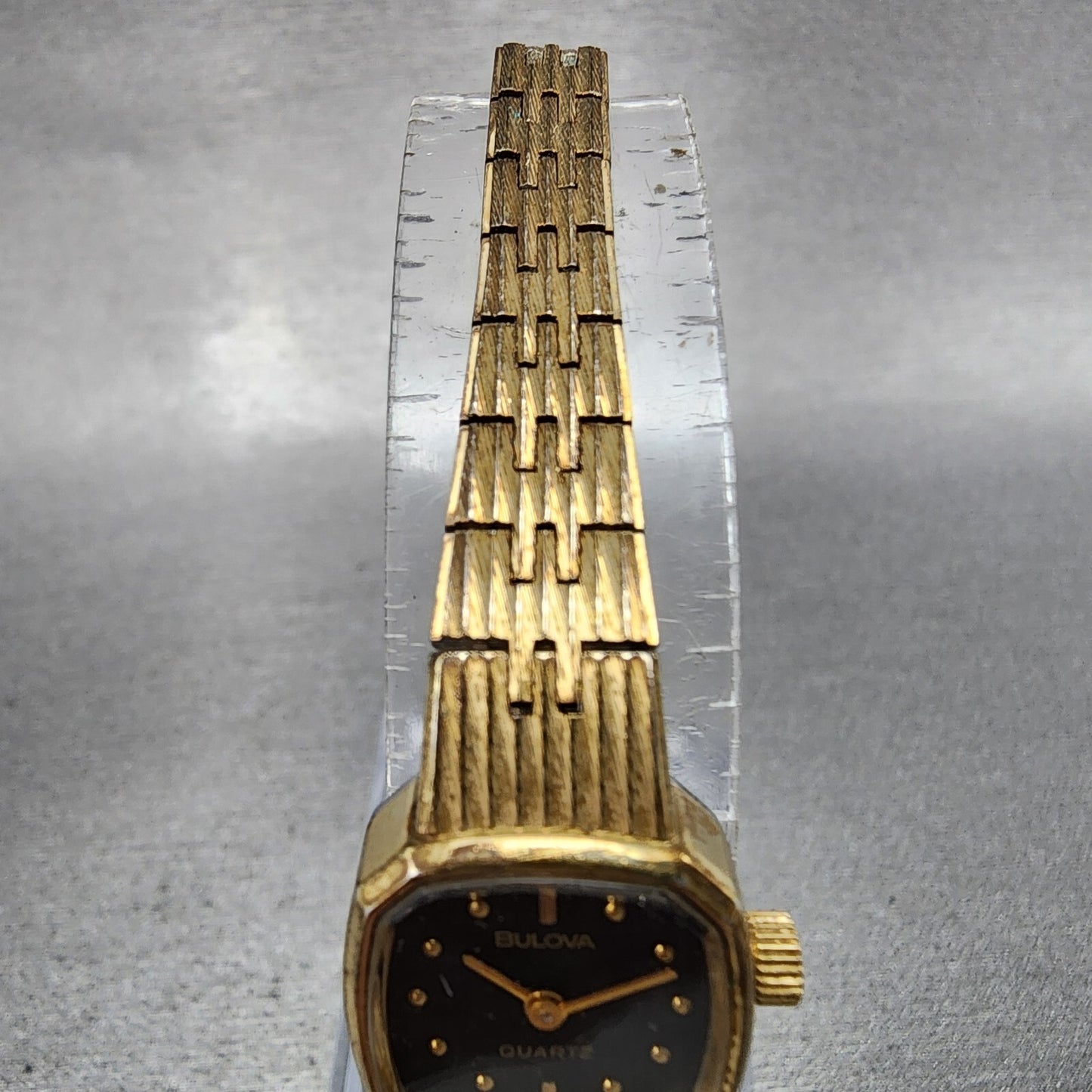 VTG Bulova Watch Women 16mm Black Dial Gold Tone Rectangle 6971 New Battery