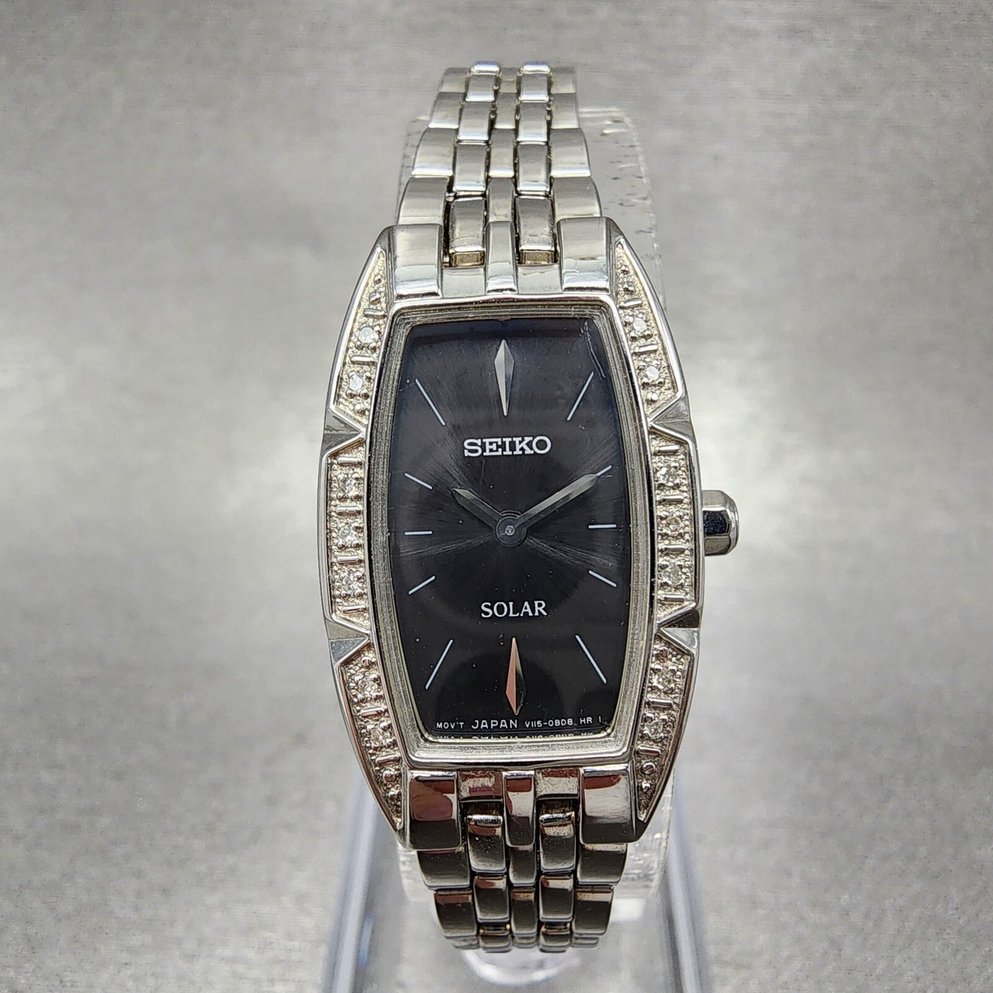 Seiko Solar Tank Watch Women 18mm Black Dial Silver Tone V115-0an0 Runs