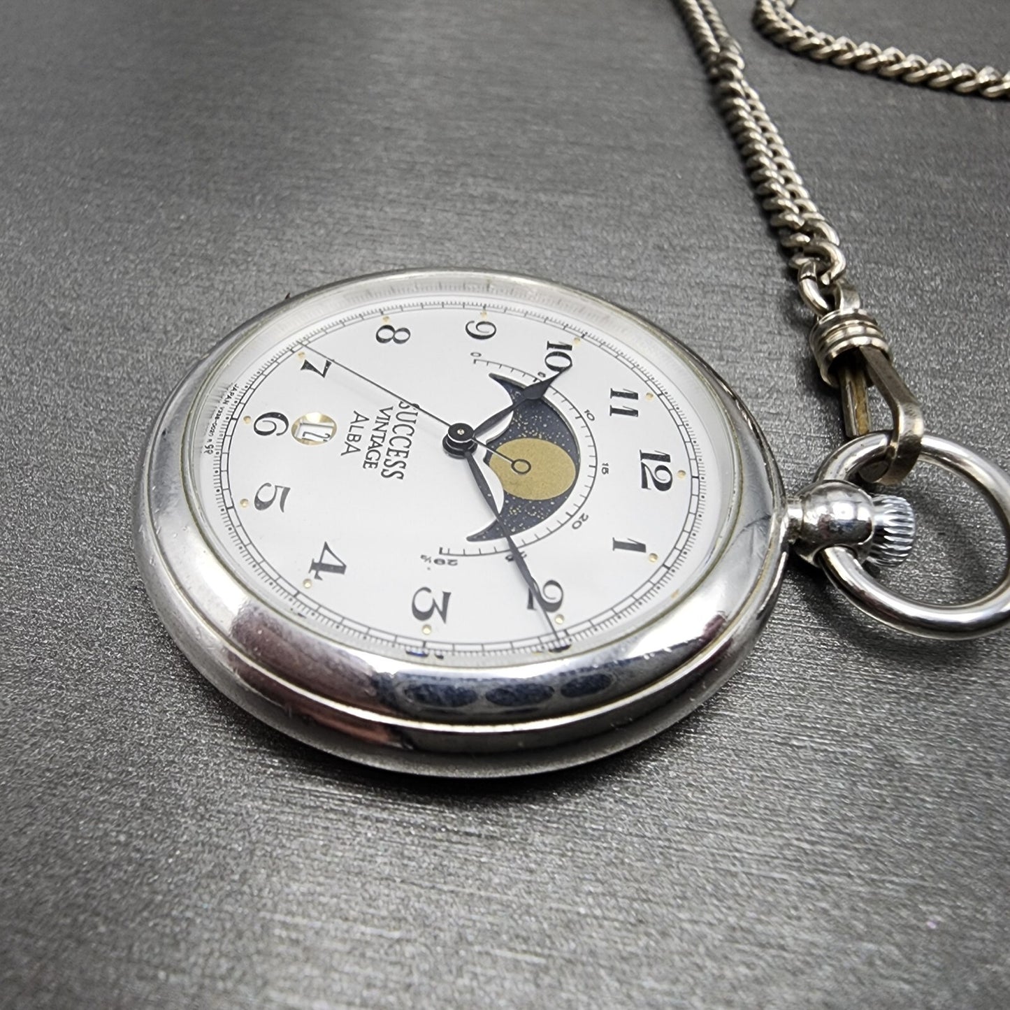 ALBA Success Pocket Watch Men 40mm White Dial Steel Moonphase Date New Battery