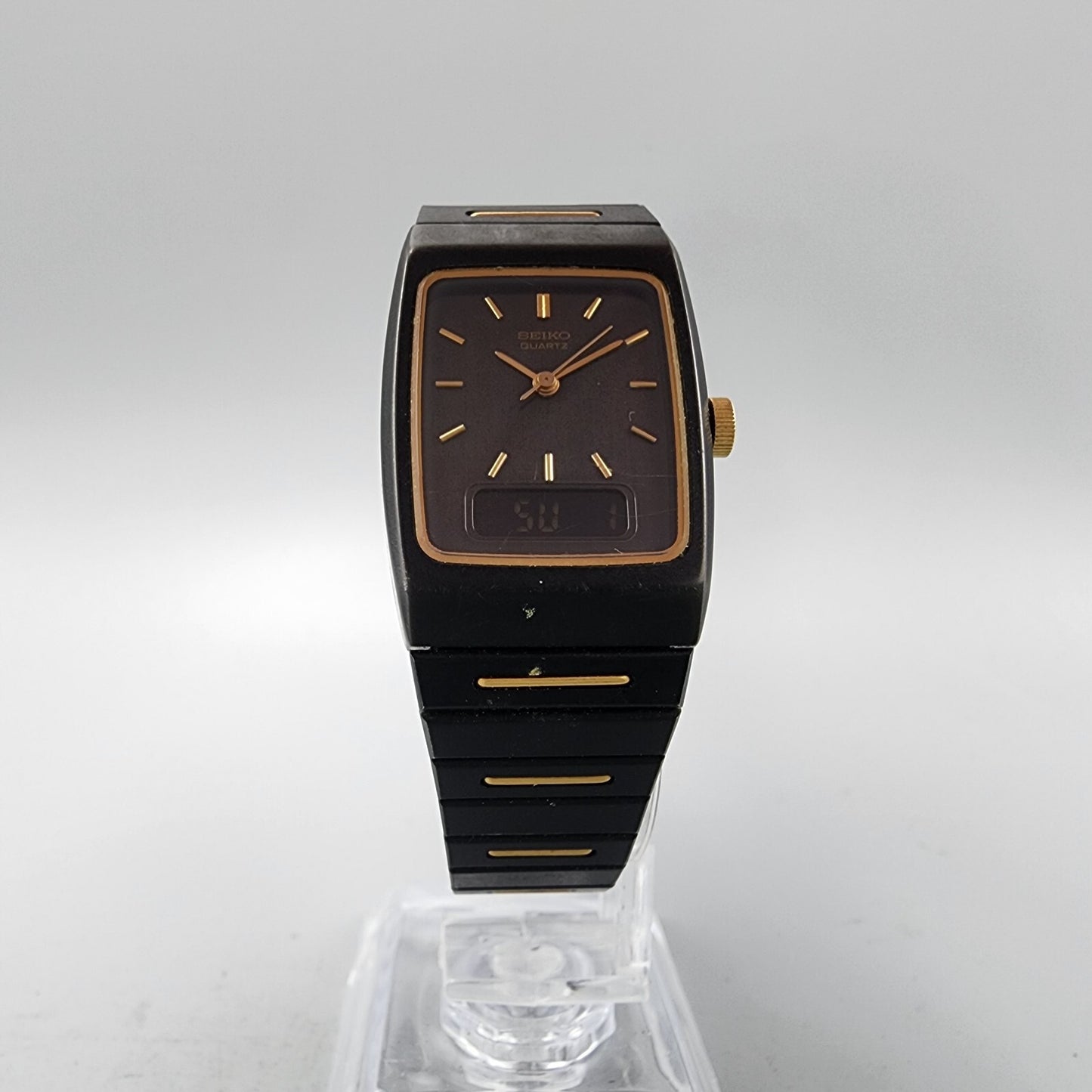 VTG Seiko Watch Women 22mm Analog Digital Black Gold Tone Rectangle New Battery